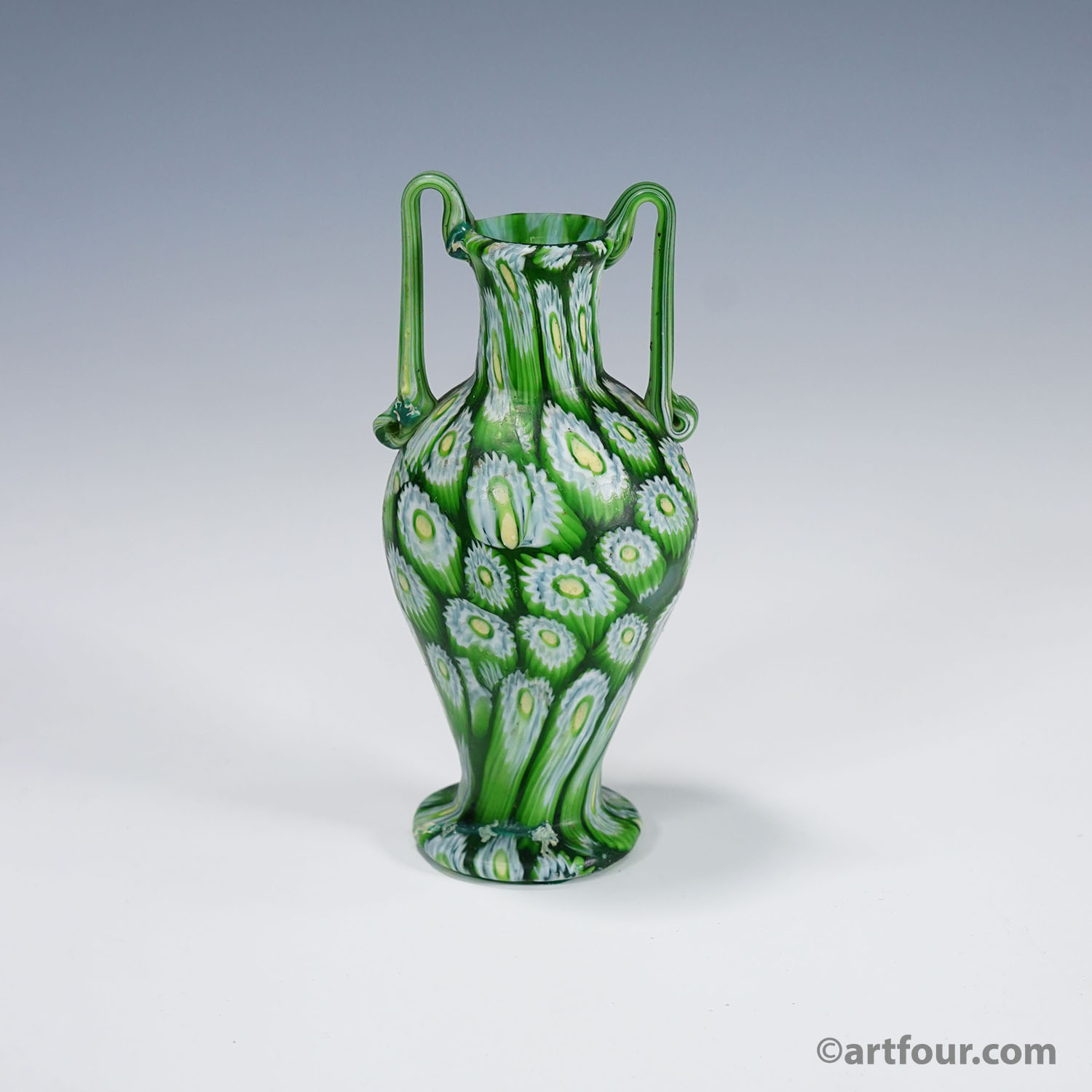 Antique Millefiori Vase Green with Handles, Fratelli Toso Murano ca. 1920s