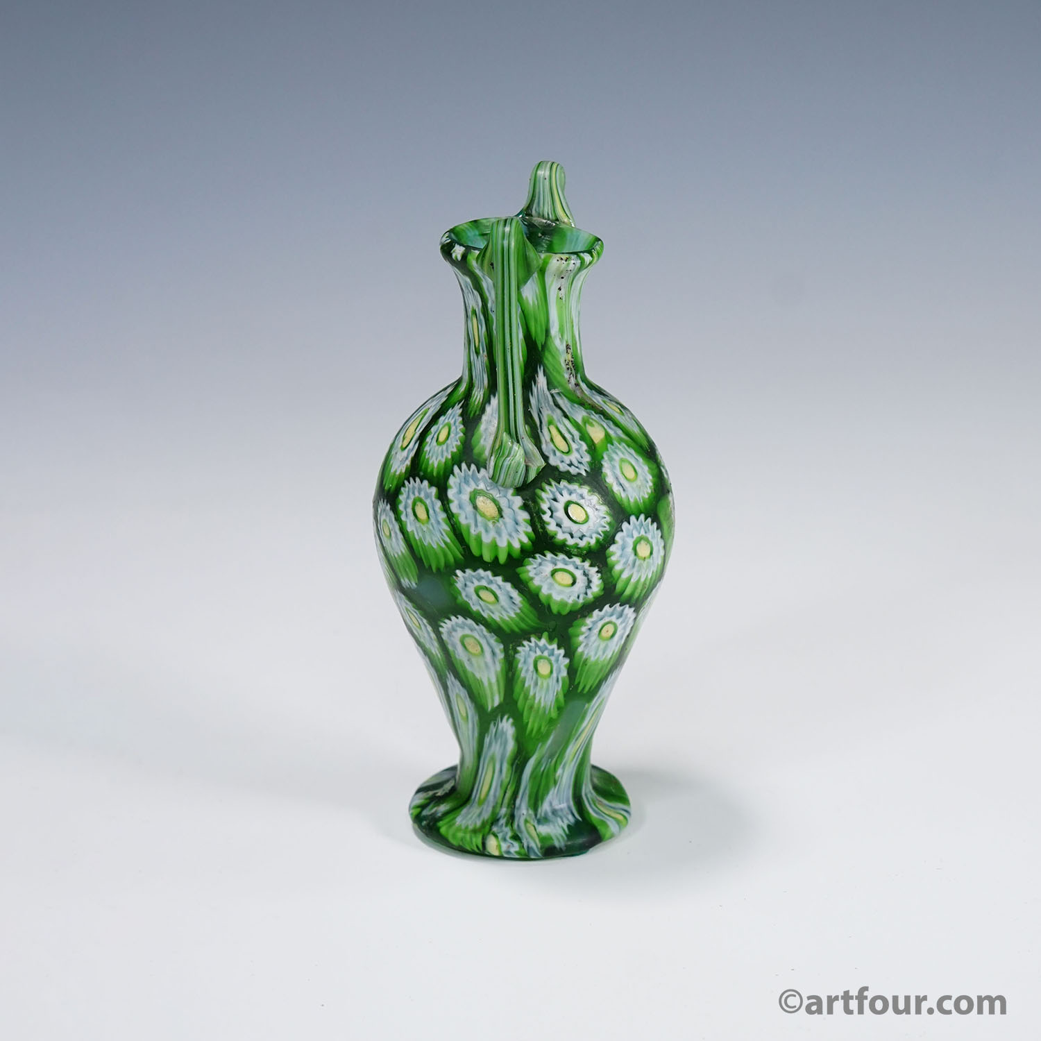 Antique Millefiori Vase Green with Handles, Fratelli Toso Murano ca. 1920s