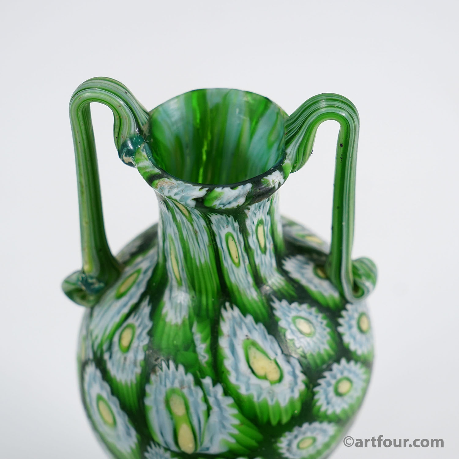 Antique Millefiori Vase Green with Handles, Fratelli Toso Murano ca. 1920s