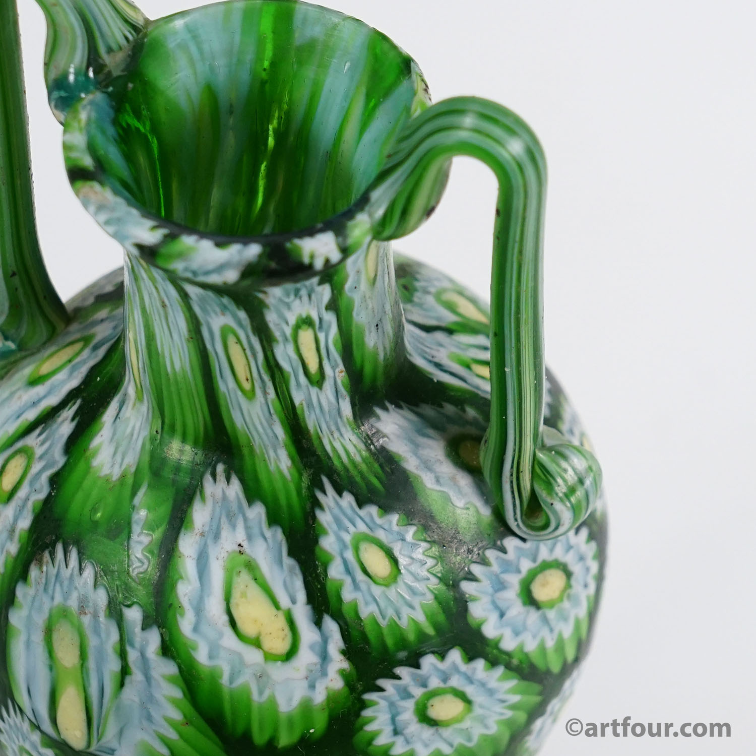 Antique Millefiori Vase Green with Handles, Fratelli Toso Murano ca. 1920s