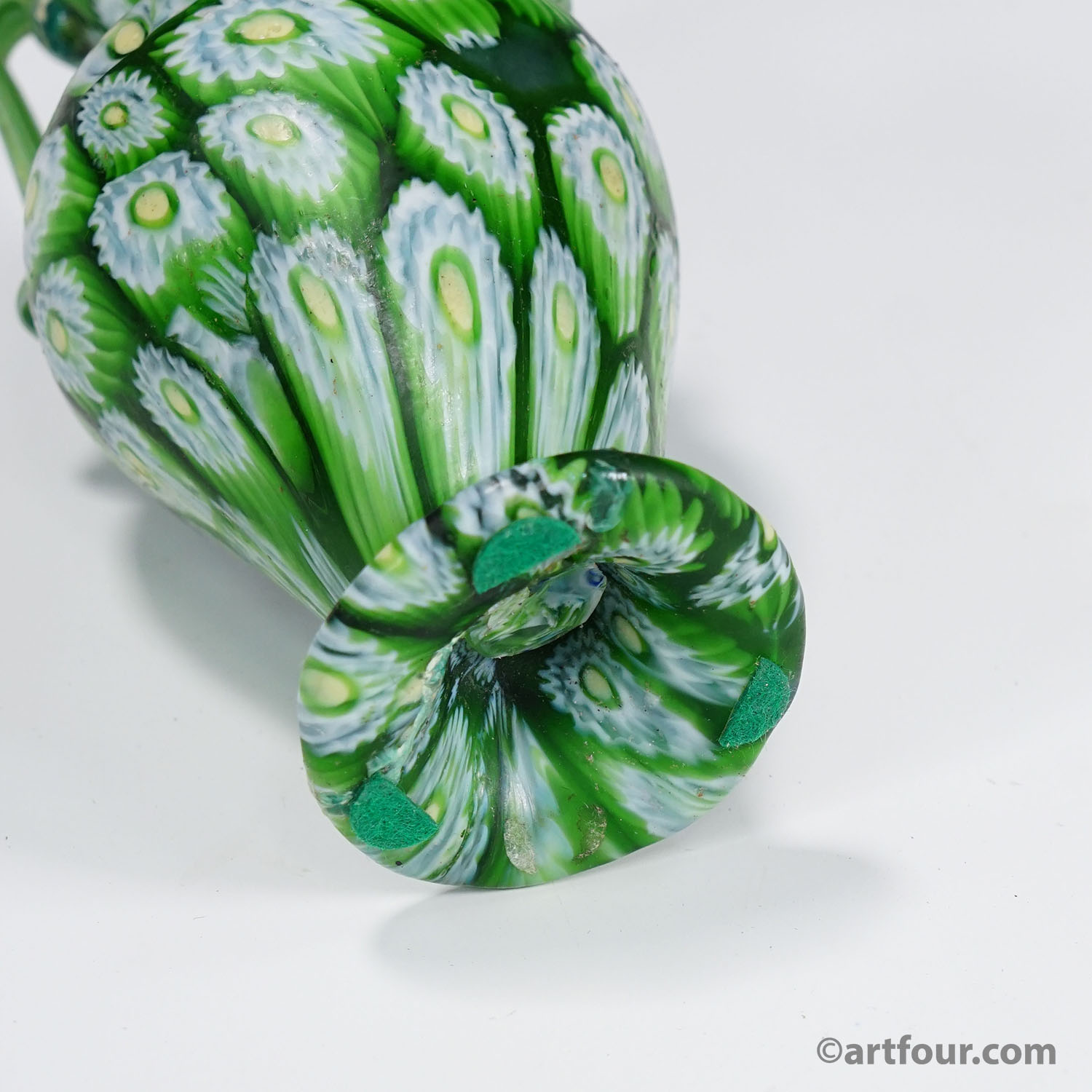 Antique Millefiori Vase Green with Handles, Fratelli Toso Murano ca. 1920s