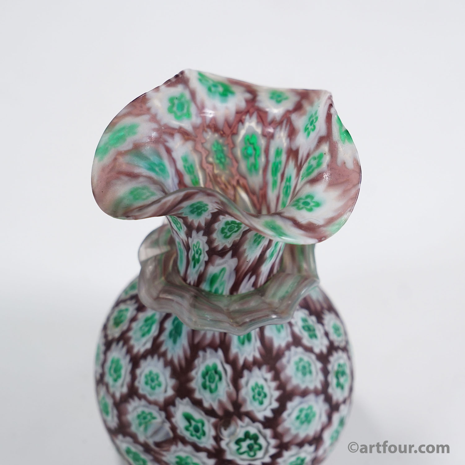 Antique Millefiori Vase Green and Brown with Rim, Fratelli Toso Murano ca. 1920s
