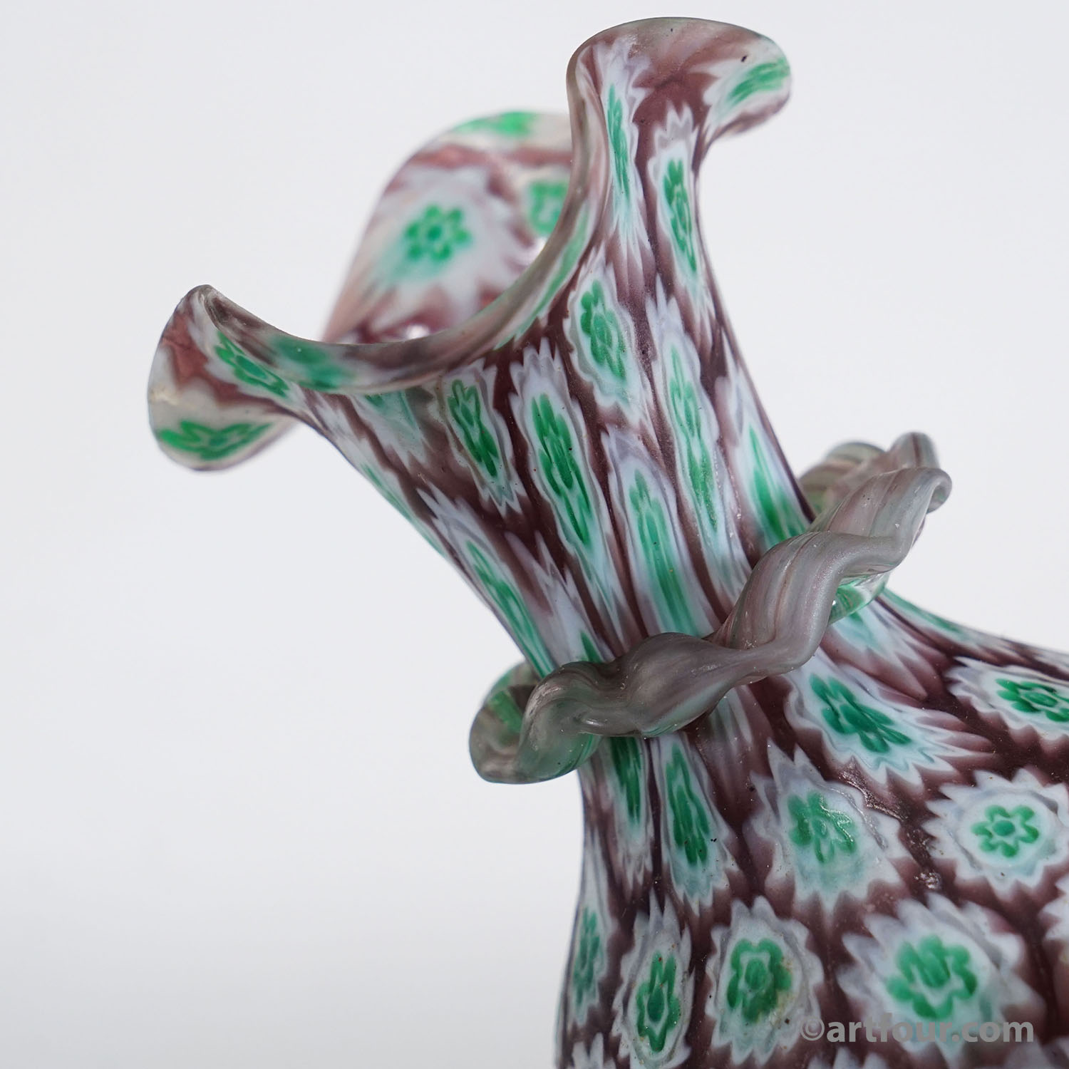 Antique Millefiori Vase Green and Brown with Rim, Fratelli Toso Murano ca. 1920s