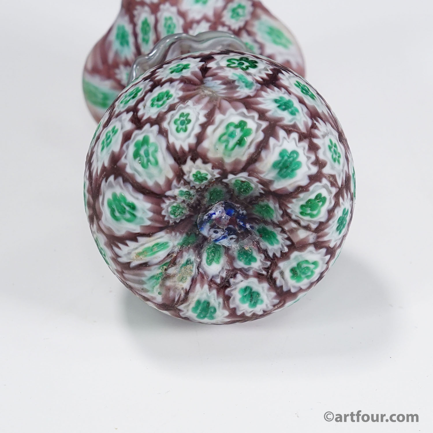 Antique Millefiori Vase Green and Brown with Rim, Fratelli Toso Murano ca. 1920s