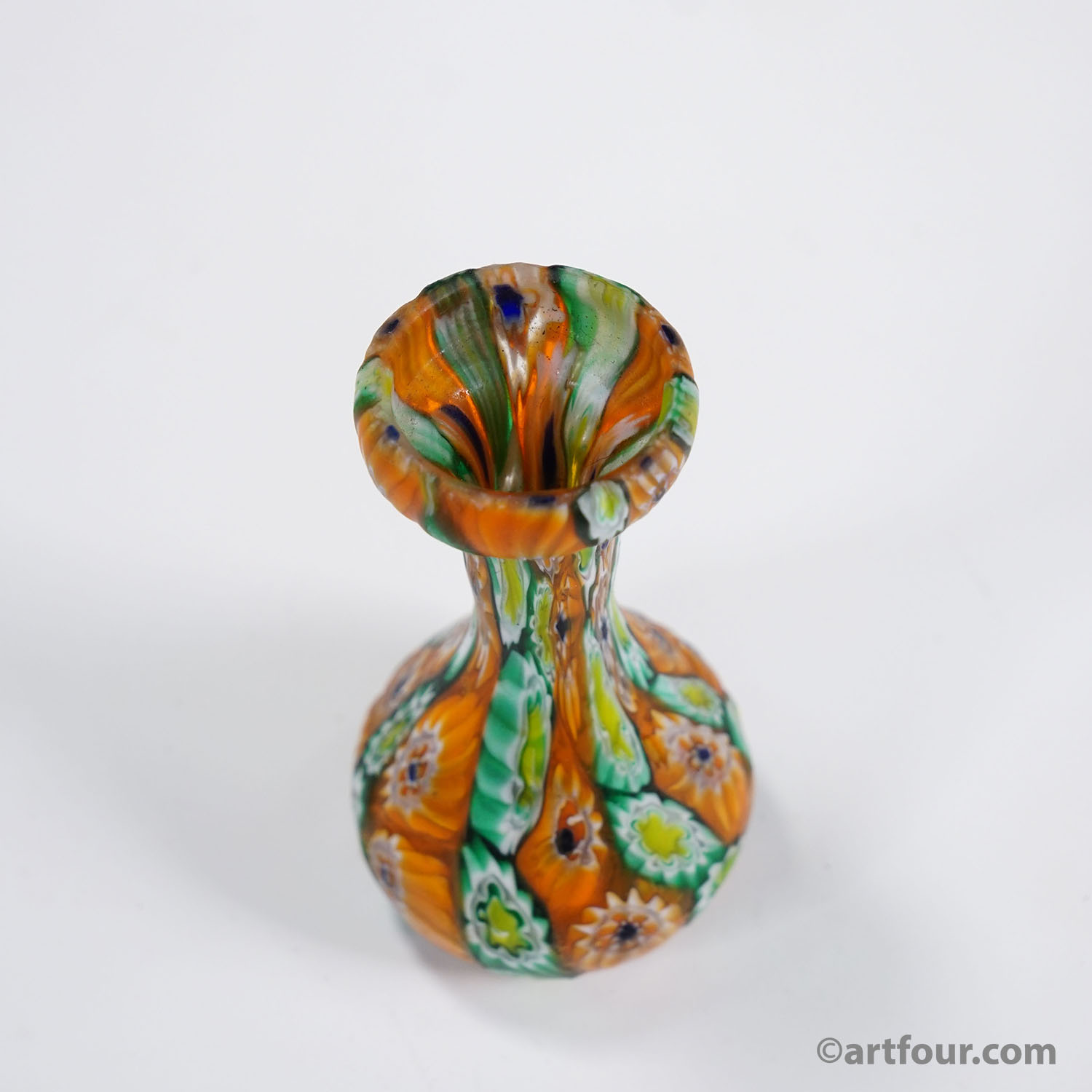 Antique Millefiori Vase Green and Orange, Fratelli Toso Murano ca. 1920s