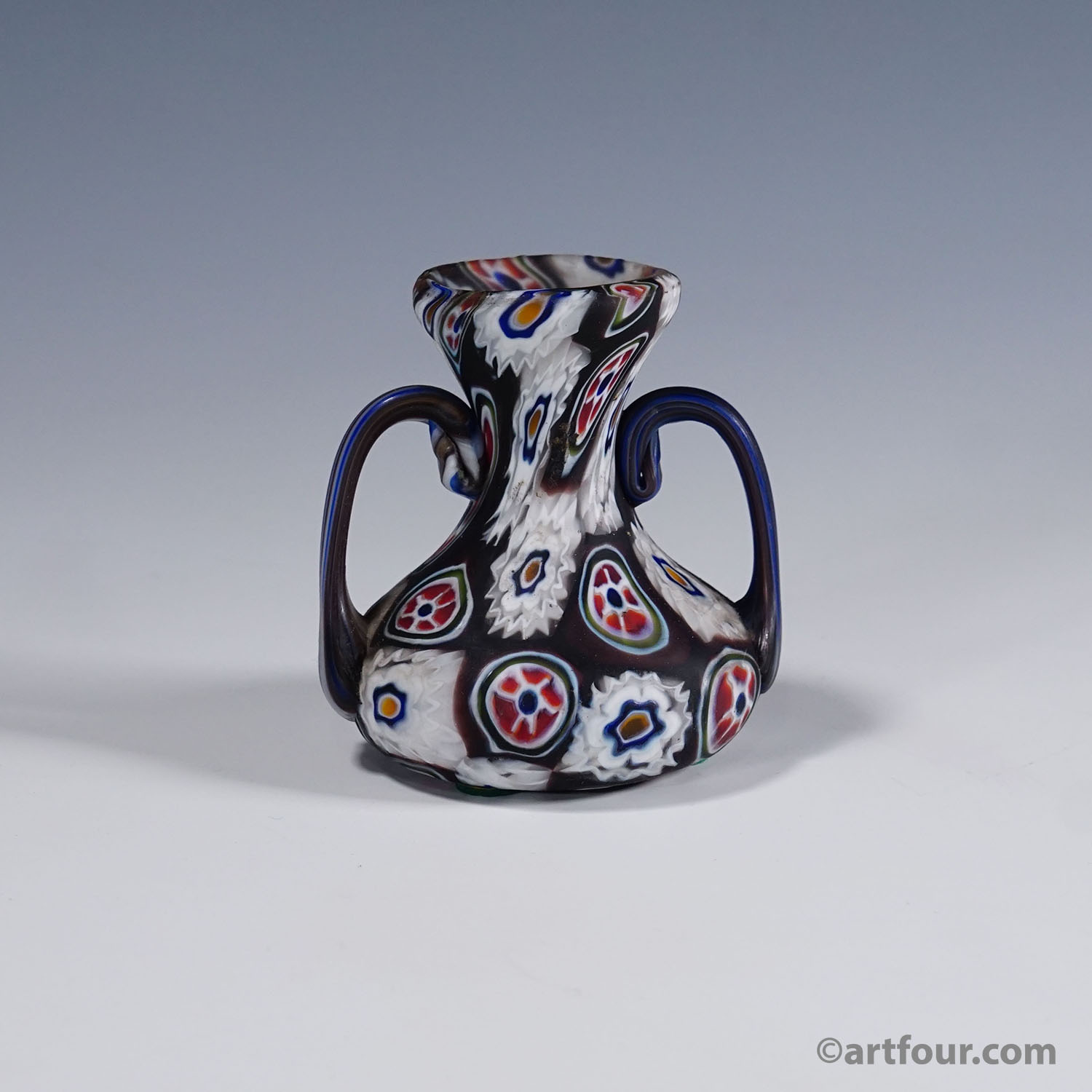 Antique Millefiori Vase in Violet and White with Handles, Fratelli Toso Murano ca. 1900s