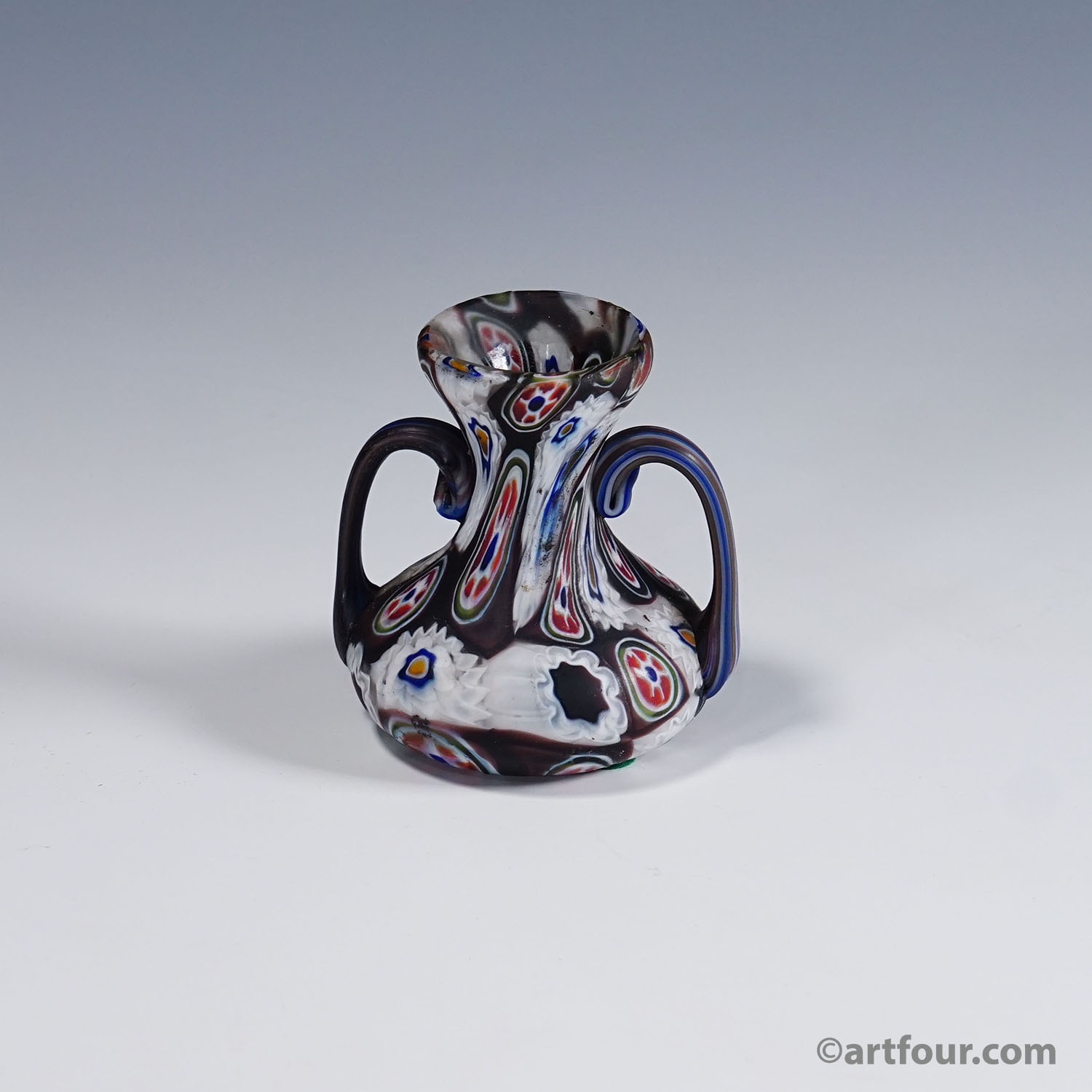 Antique Millefiori Vase in Violet and White with Handles, Fratelli Toso Murano ca. 1900s