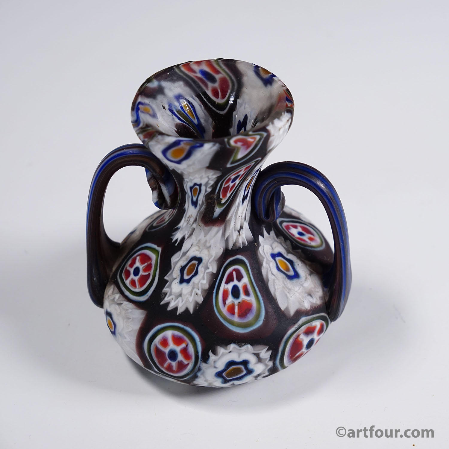 Antique Millefiori Vase in Violet and White with Handles, Fratelli Toso Murano ca. 1900s