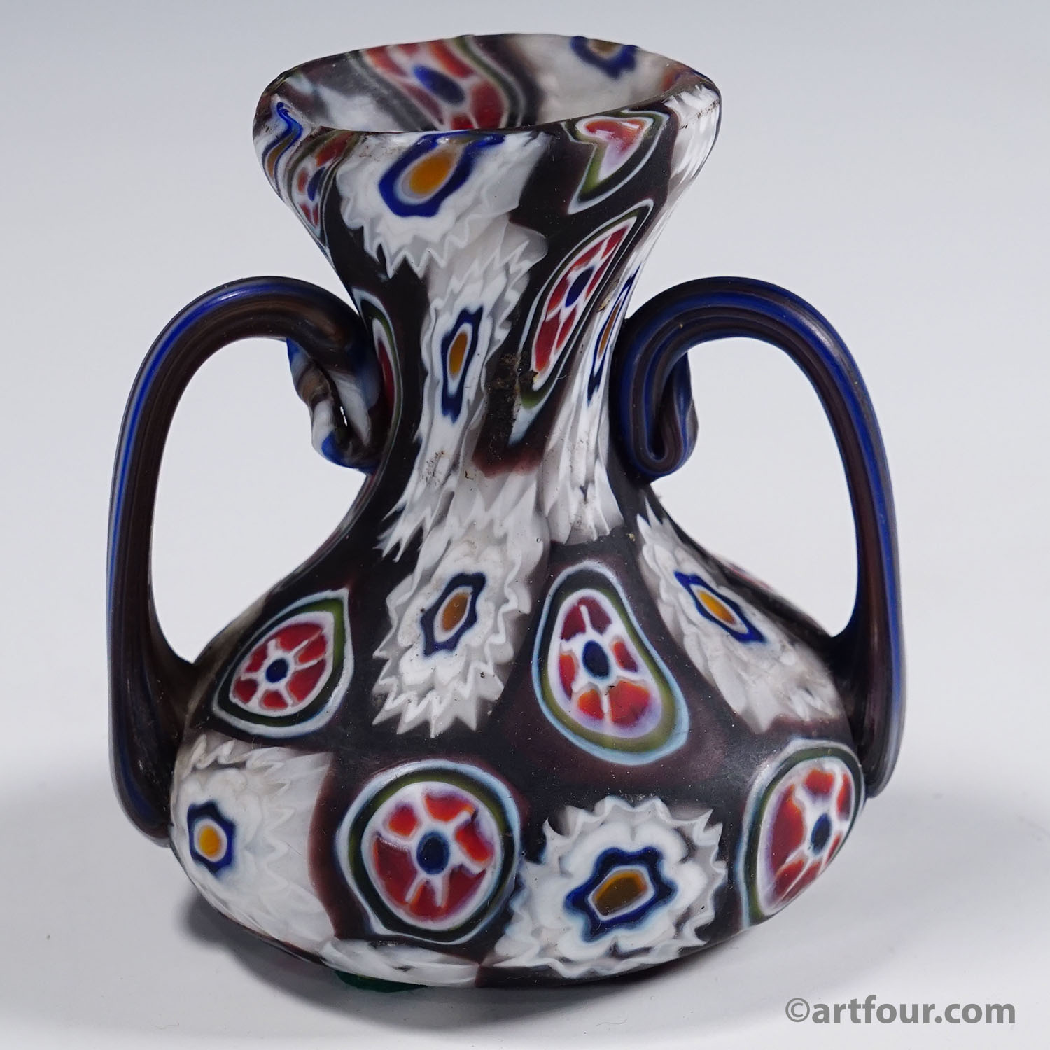 Antique Millefiori Vase in Violet and White with Handles, Fratelli Toso Murano ca. 1900s