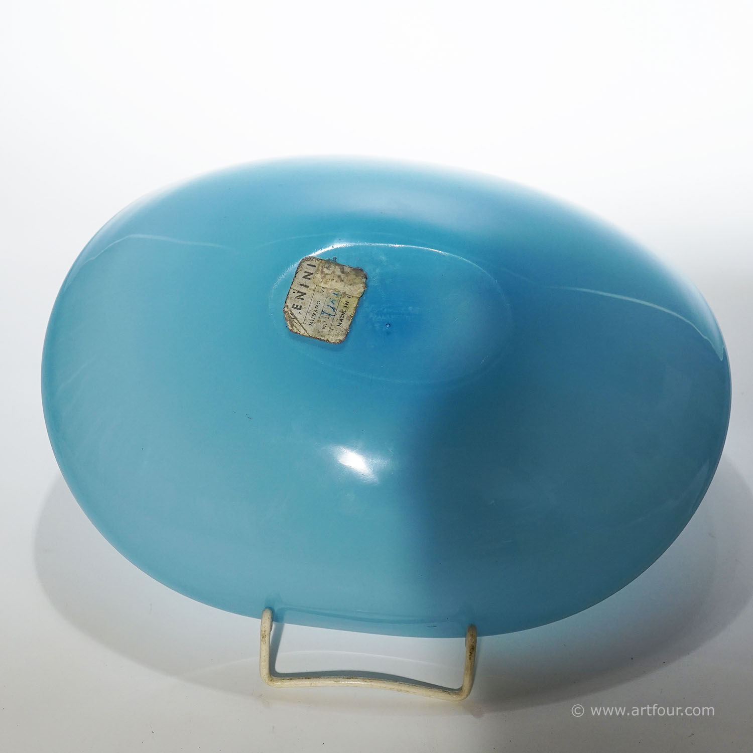 Rare Venini Art Glass Bowl in Light Blue and Lattimo Glass