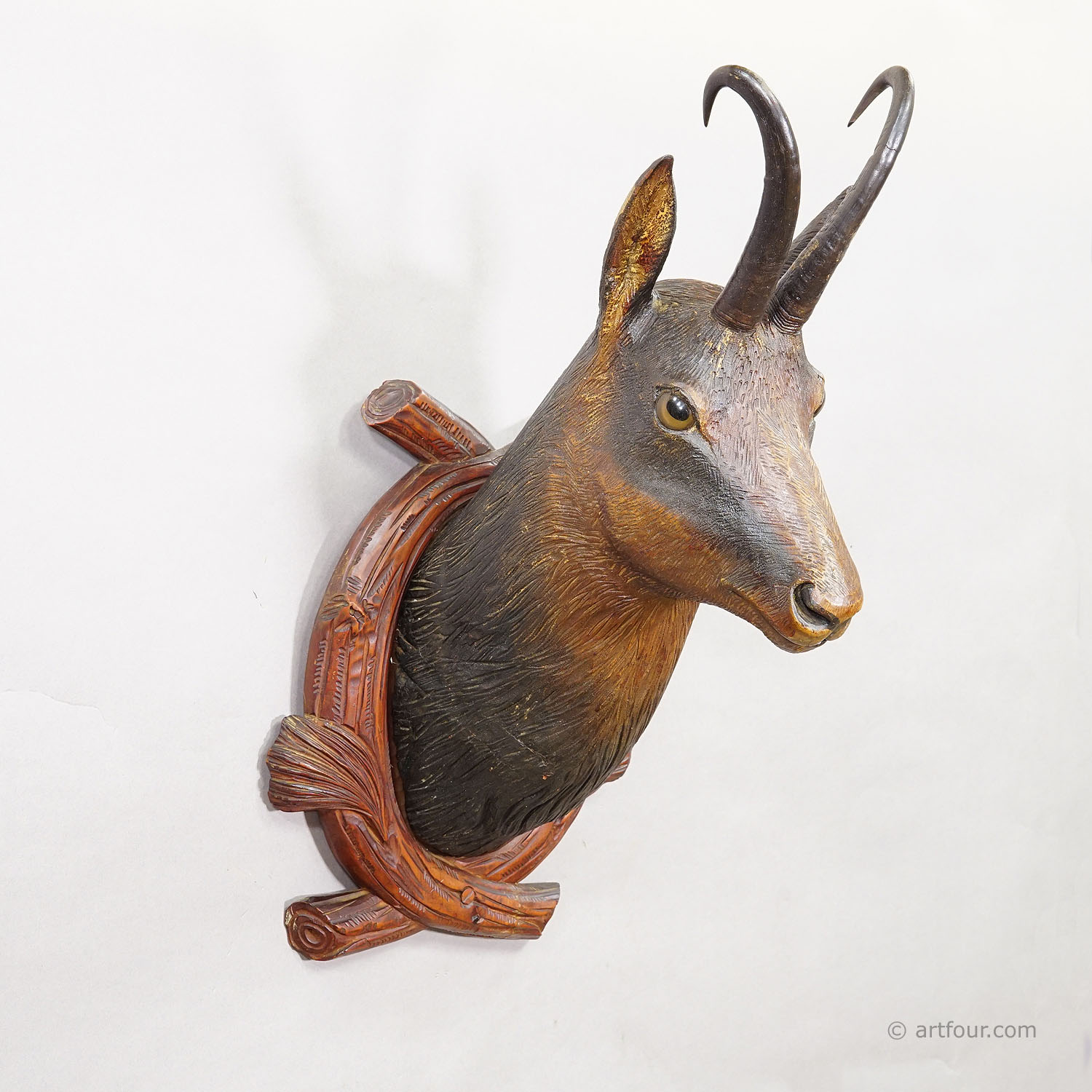 Large Naturalistic Black Forest Carved Chamois Head, ca. 1920s