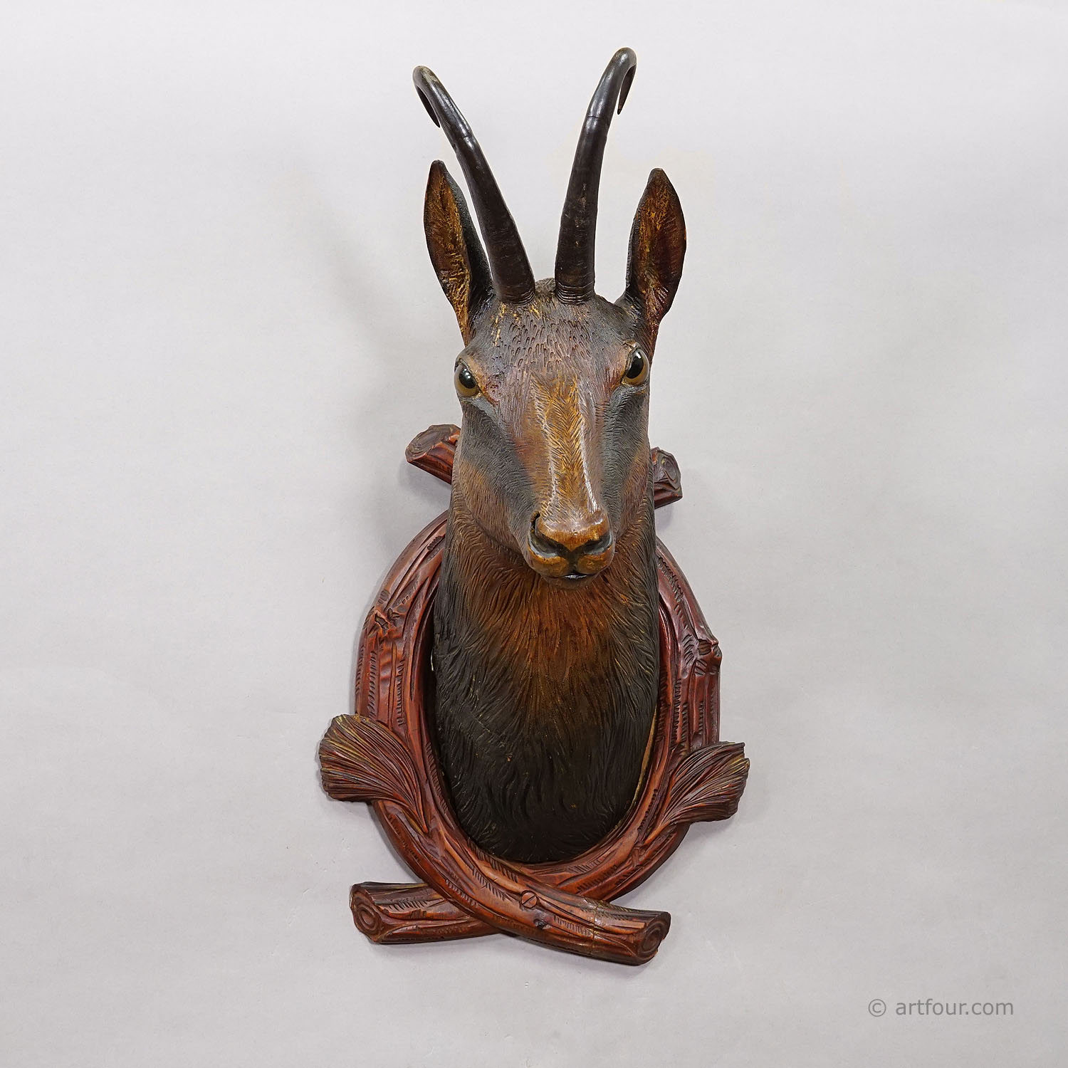 Large Naturalistic Black Forest Carved Chamois Head, ca. 1920s