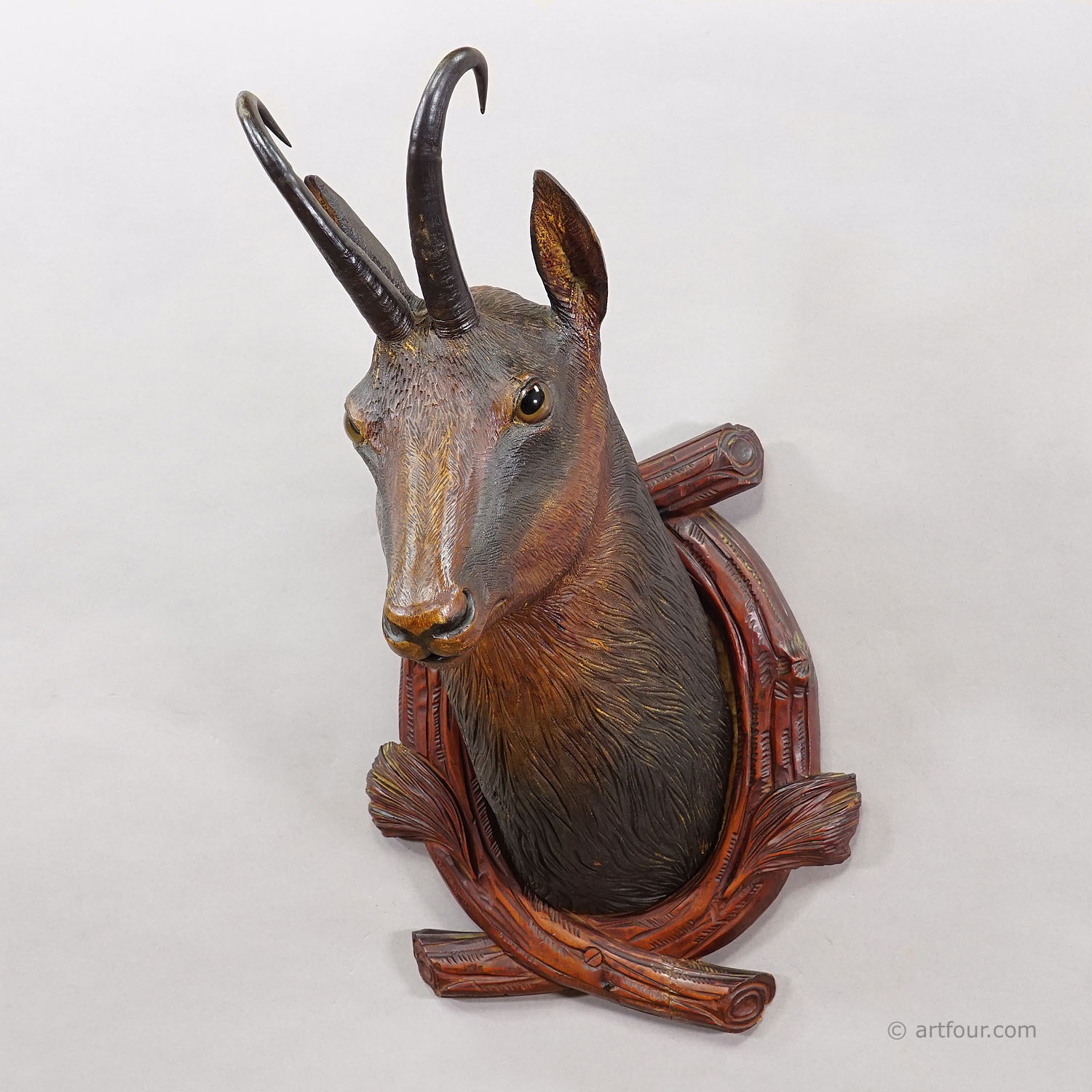 Large Naturalistic Black Forest Carved Chamois Head, ca. 1920s
