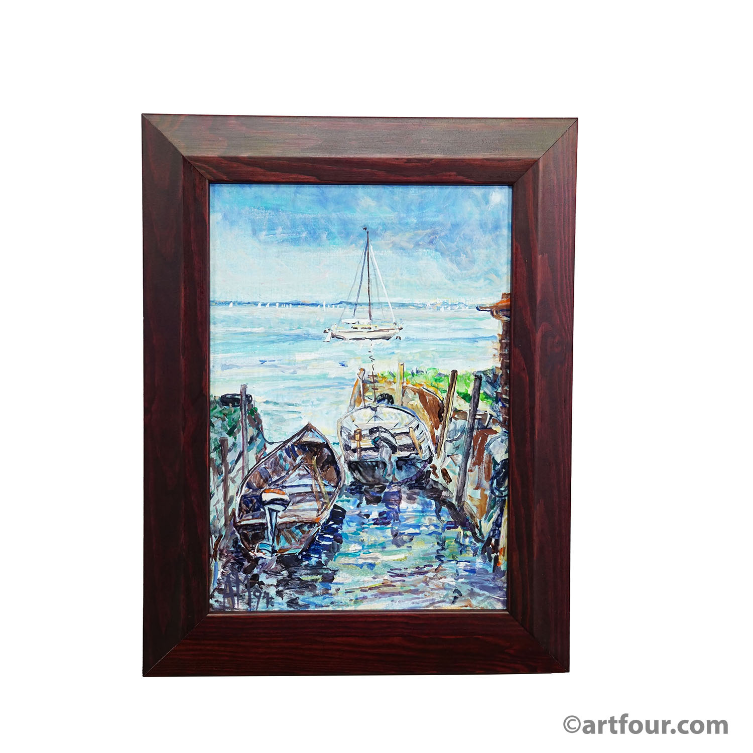 Boat Mooring on Fraueninsel – Oil Painting by Alexander Michael, 1994