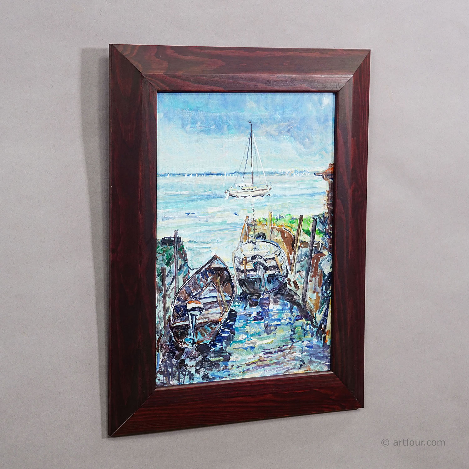 Boat Mooring on Fraueninsel – Oil Painting by Alexander Michael, 1994