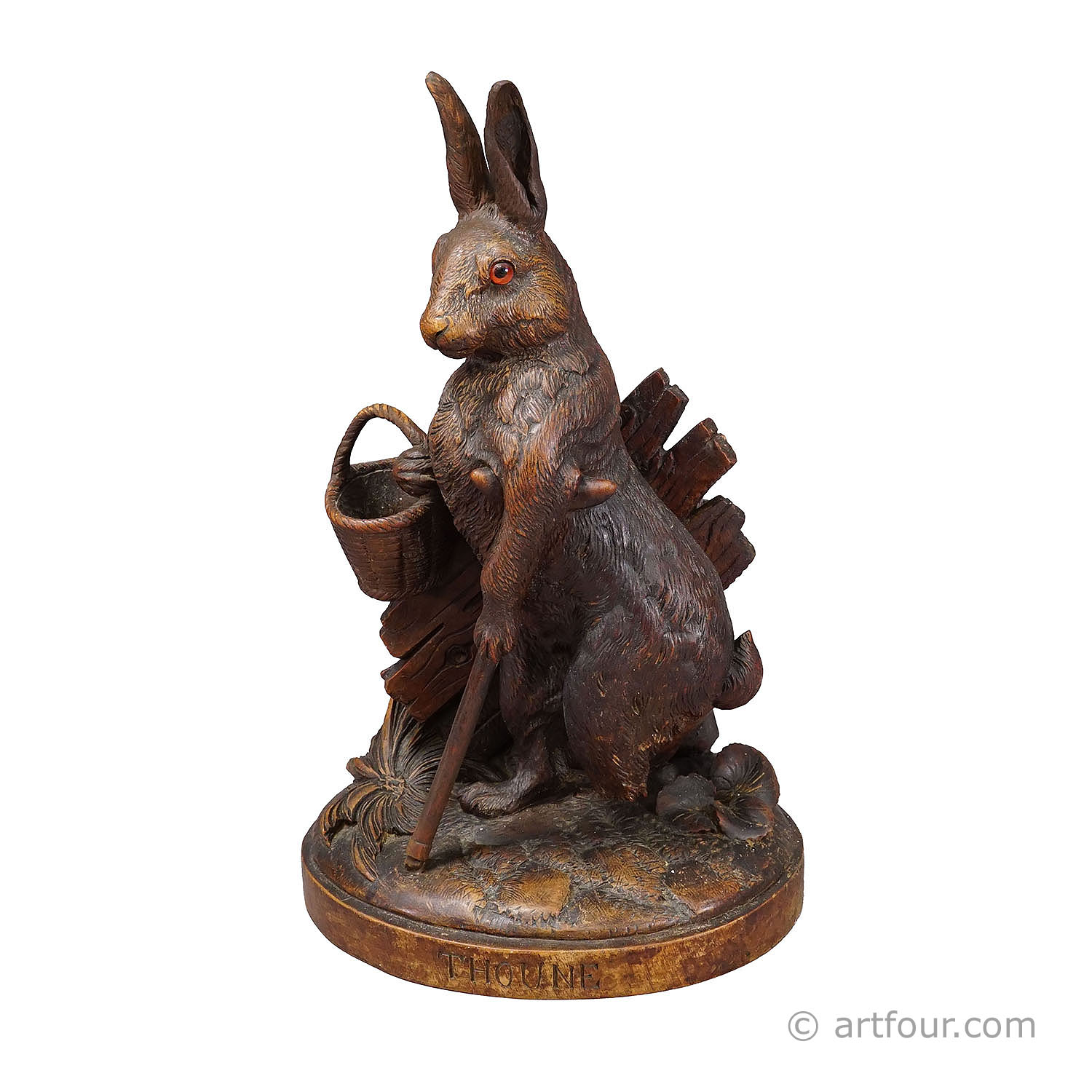 Antique Black Forest Carved Rabbit Figure with Basket, circa 1900