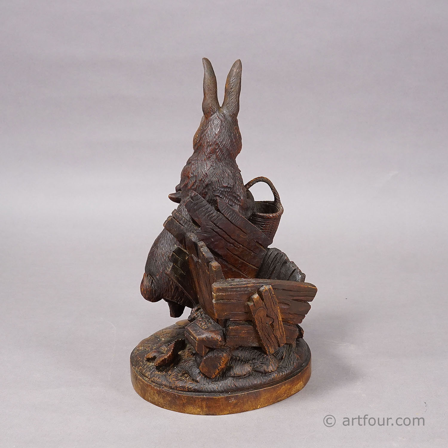 Antique Black Forest Carved Rabbit Figure with Basket, circa 1900