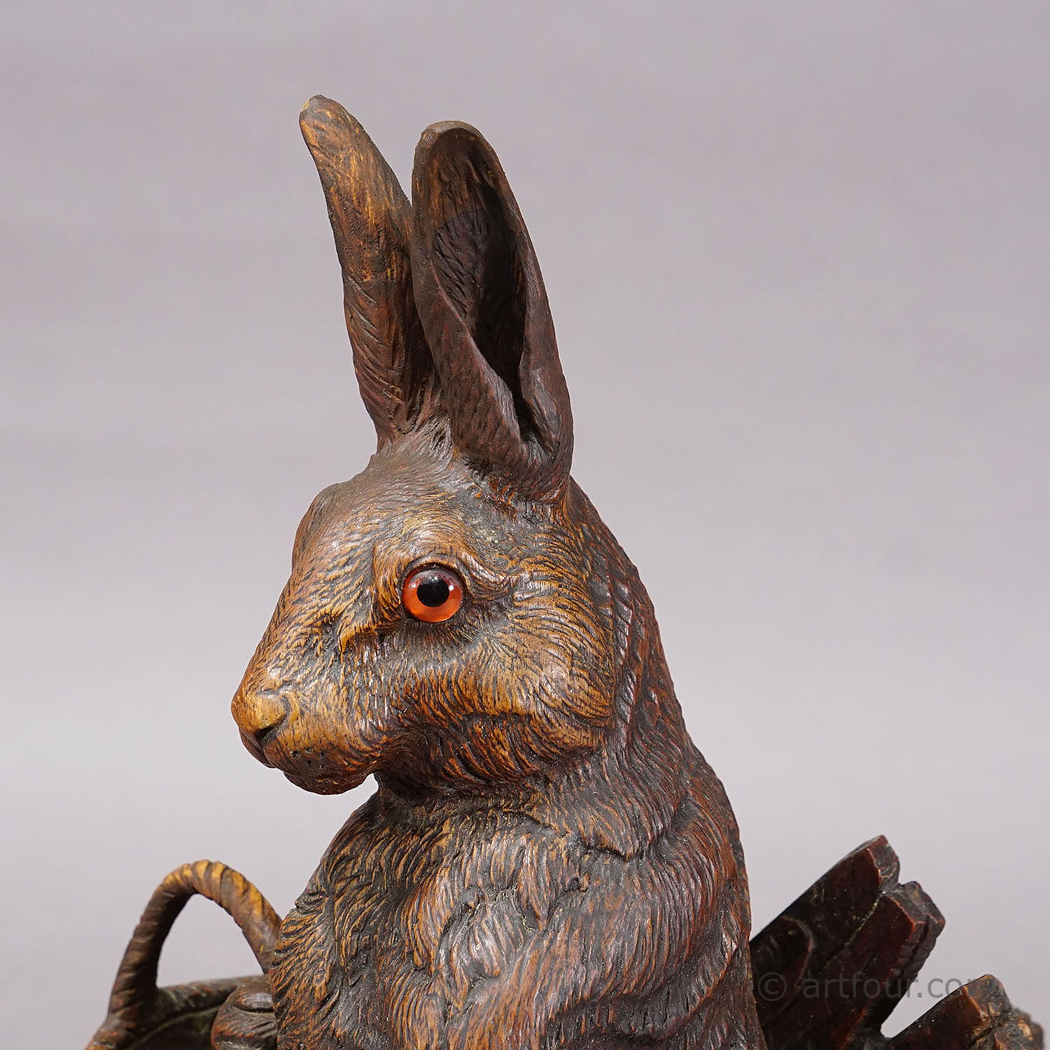 Antique Black Forest Carved Rabbit Figure with Basket, circa 1900