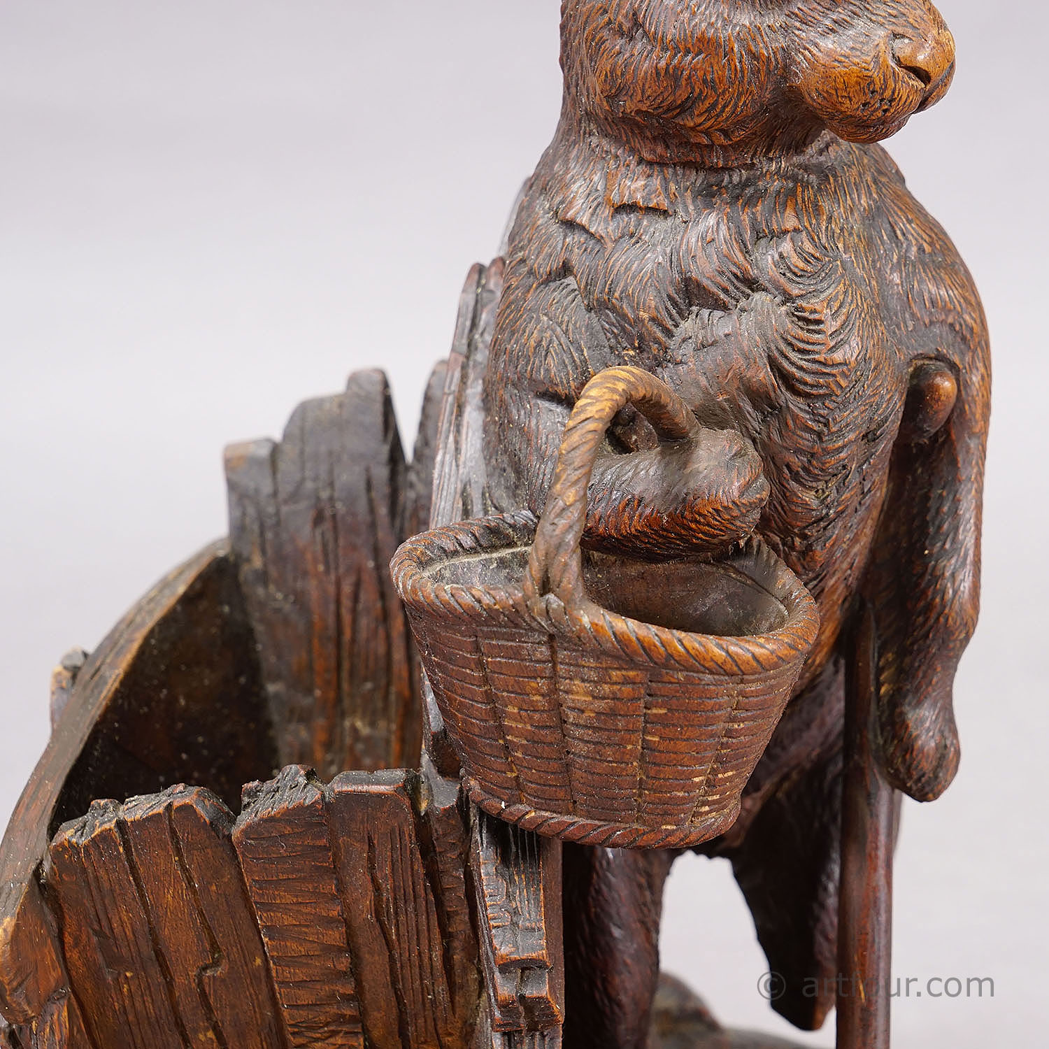 Antique Black Forest Carved Rabbit Figure with Basket, circa 1900