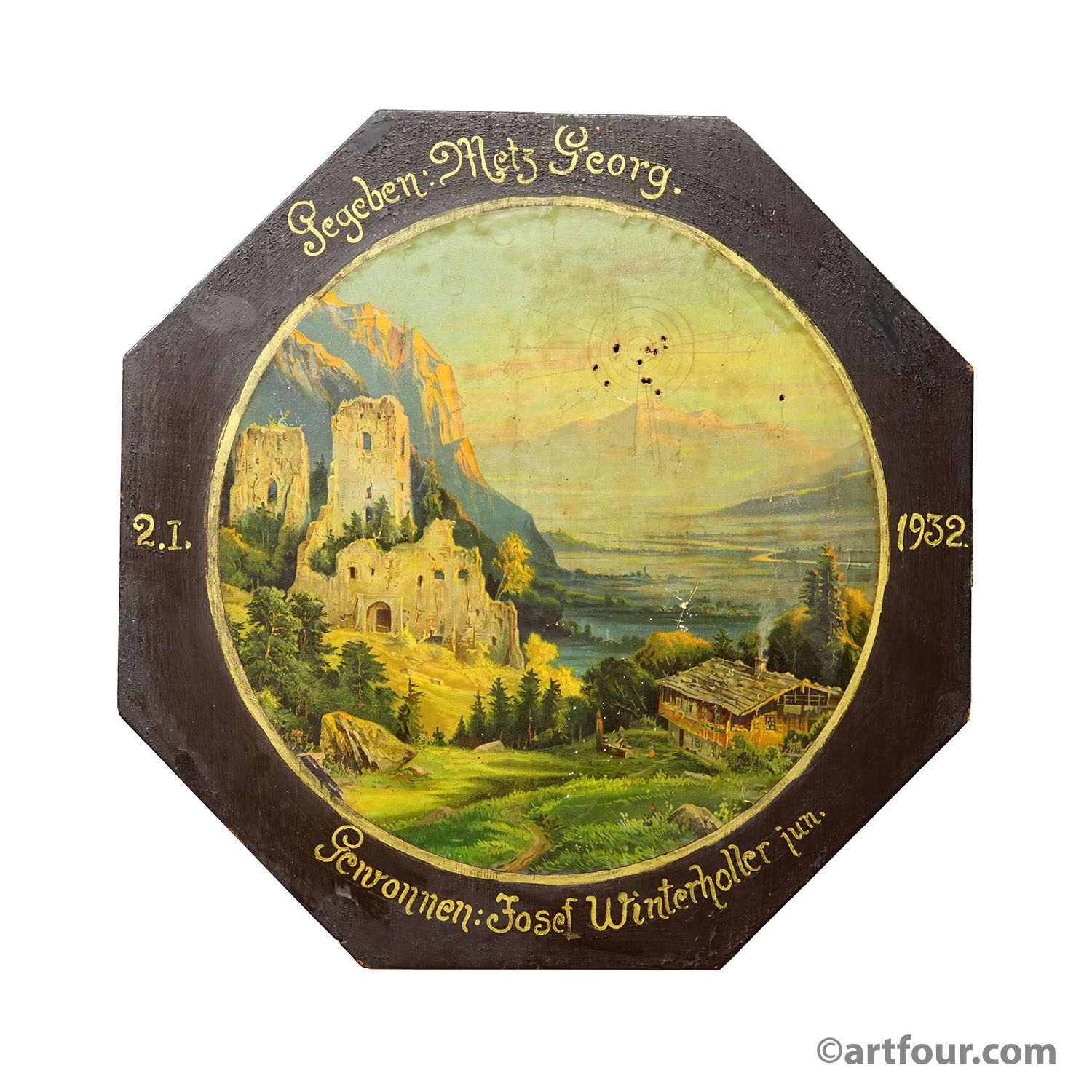 Antique Honor Target with Alpine Landscape and Castle Ruins, Germany 1932