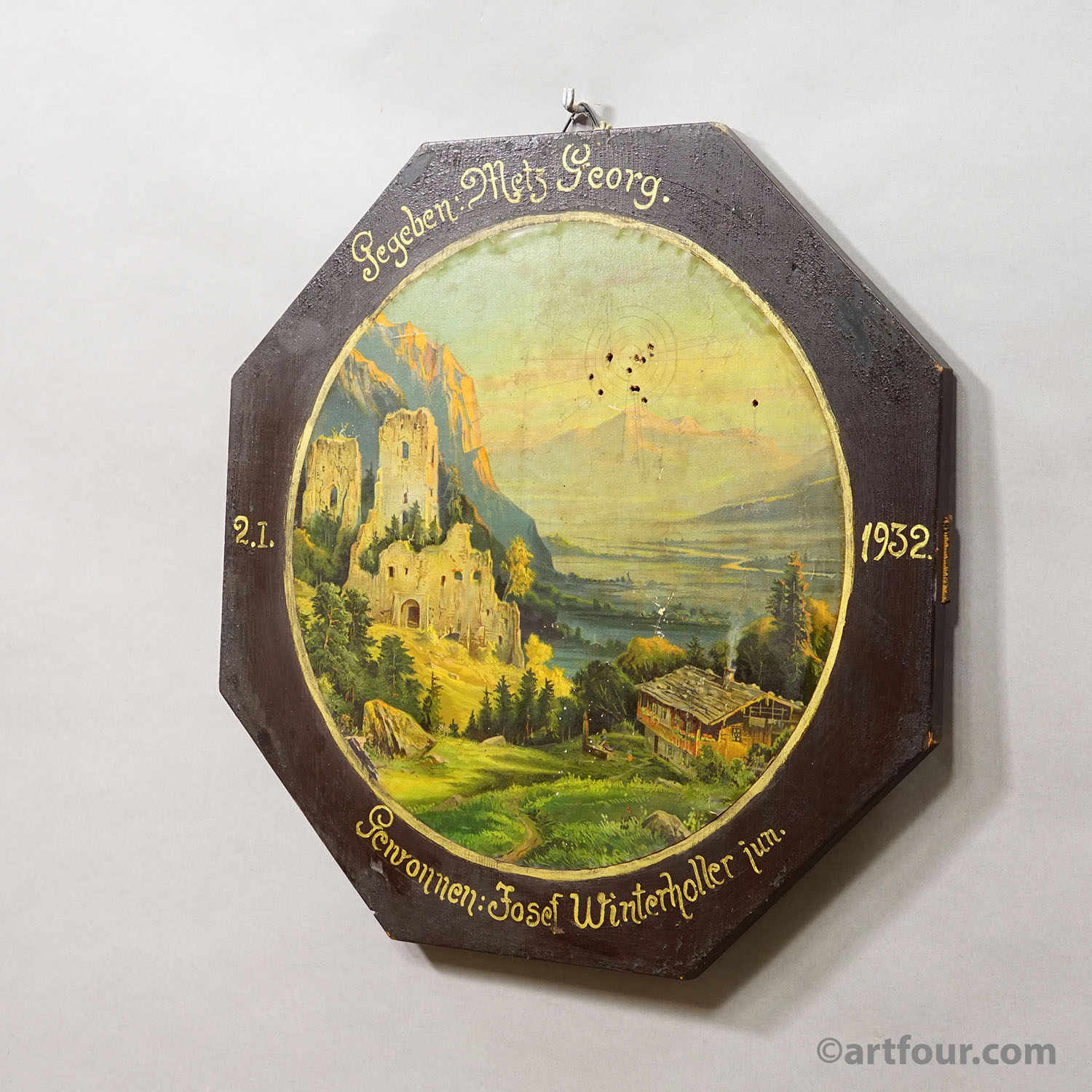 Antique Honor Target with Alpine Landscape and Castle Ruins, Germany 1932