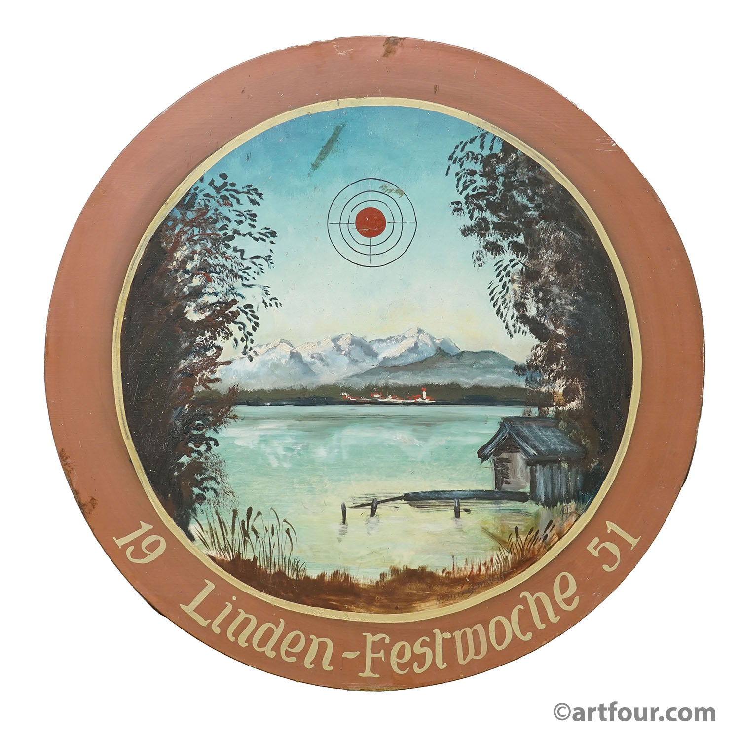 Vintage Honor Shooting Target with Landscape and Lake Painting, Germany 1951