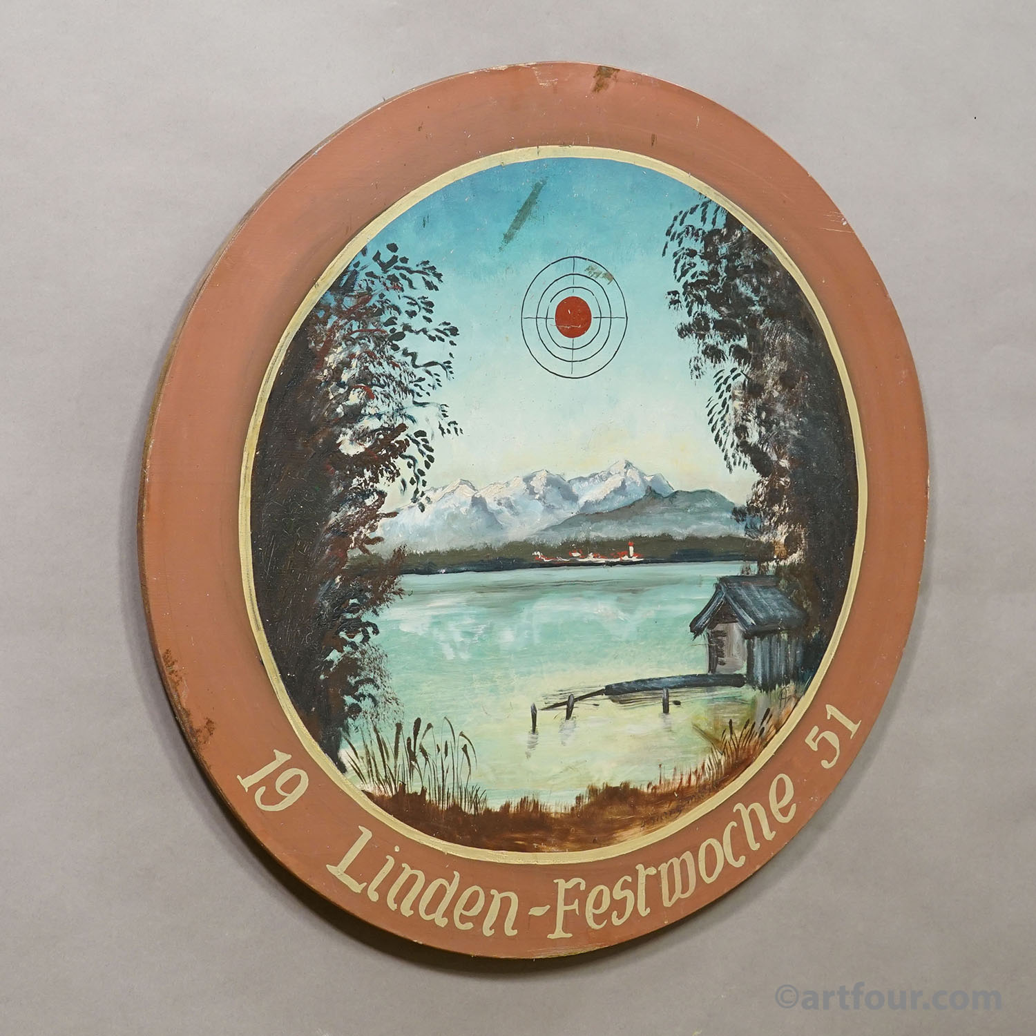 Vintage Honor Shooting Target with Landscape and Lake Painting, Germany 1951