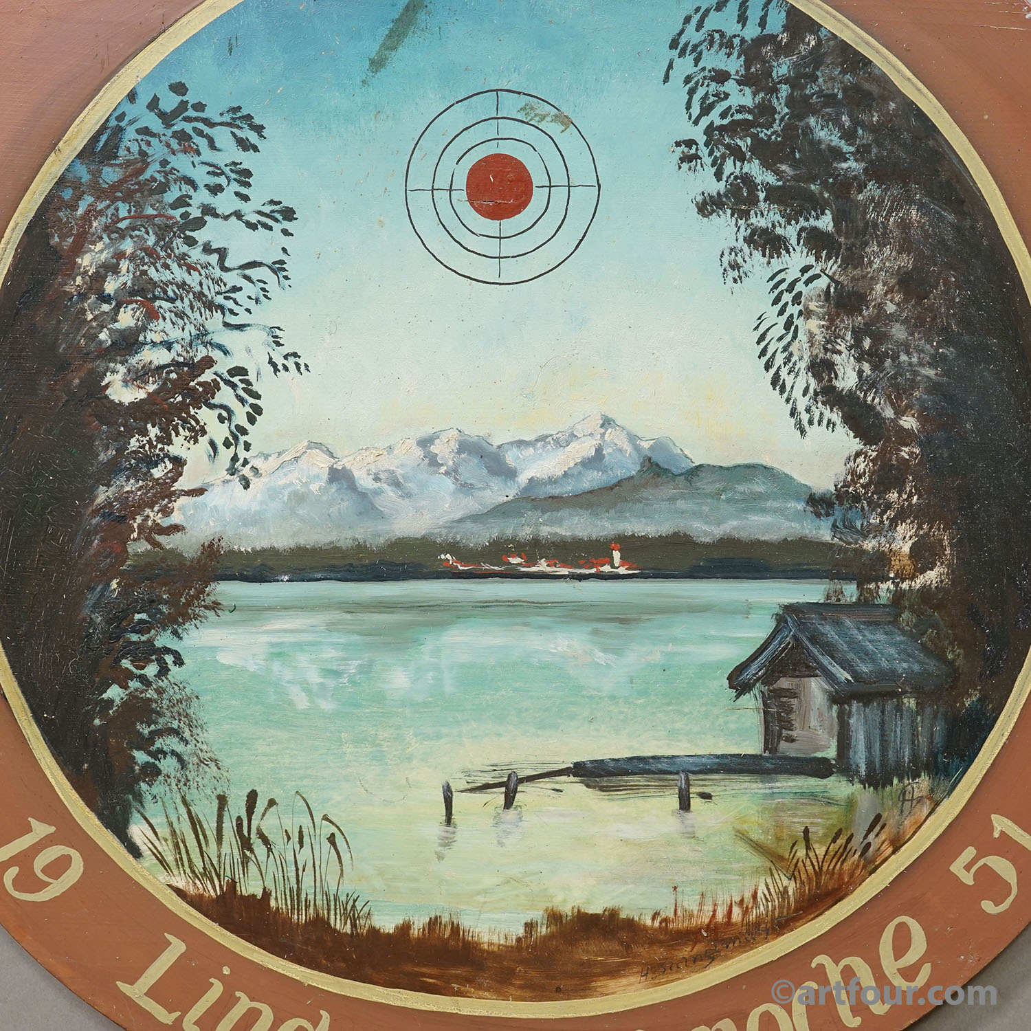 Vintage Honor Shooting Target with Landscape and Lake Painting, Germany 1951