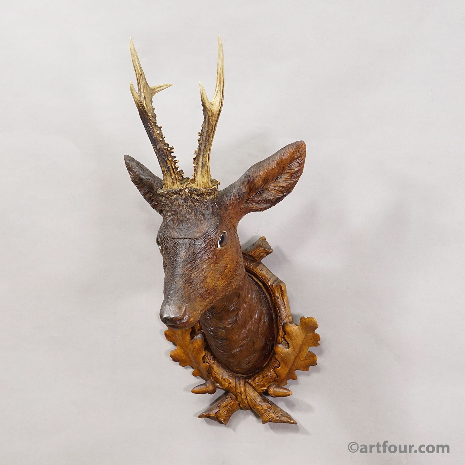 Large Naturalistic Black Forest Carved Deer Trophy, ca. 1920s