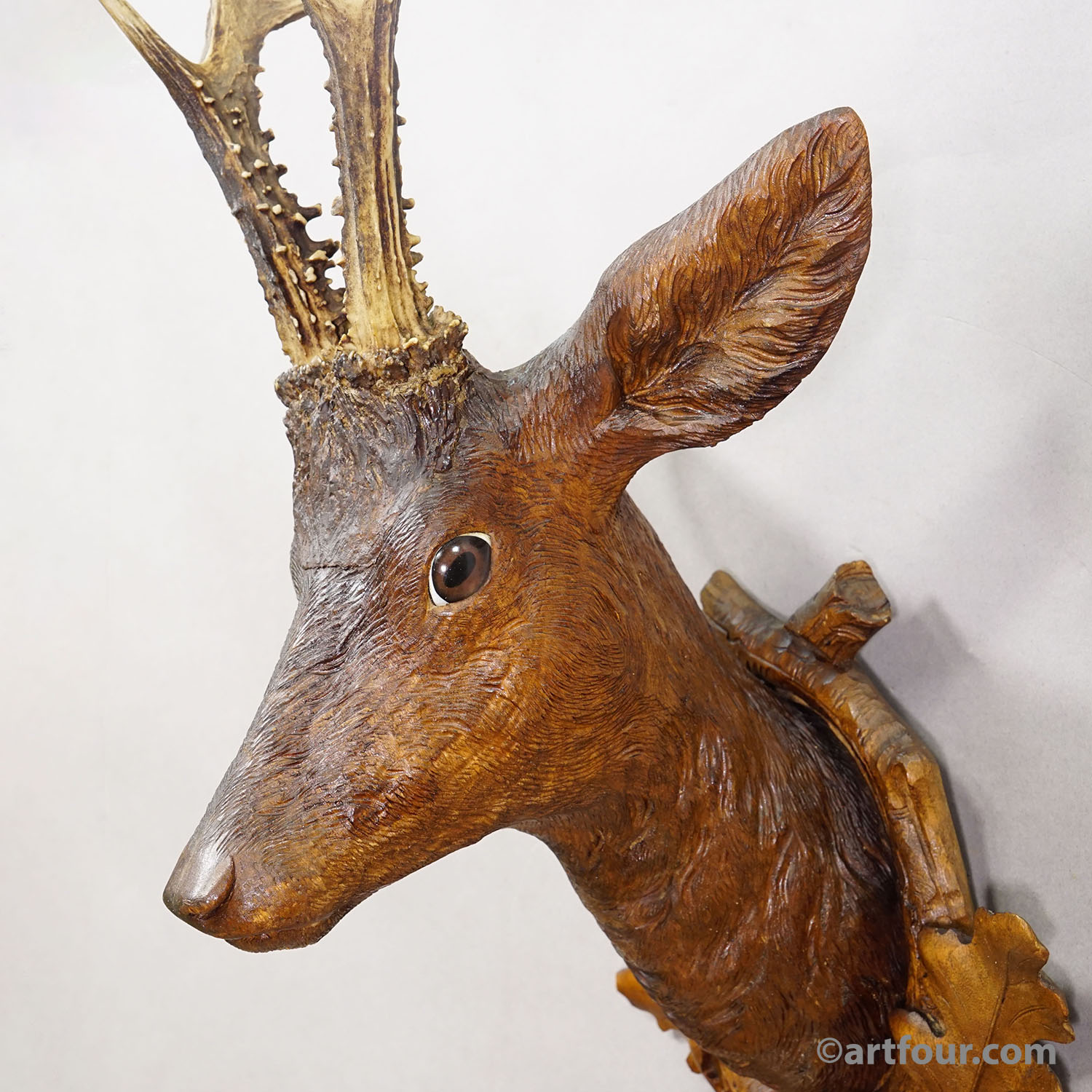 Large Naturalistic Black Forest Carved Deer Trophy, ca. 1920s