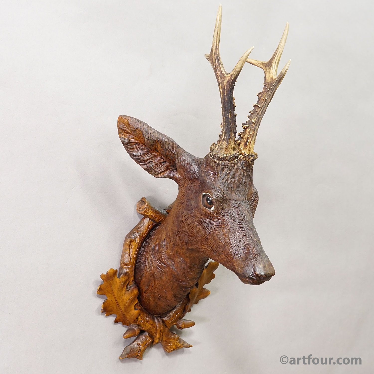 Large Naturalistic Black Forest Carved Deer Trophy, ca. 1920s