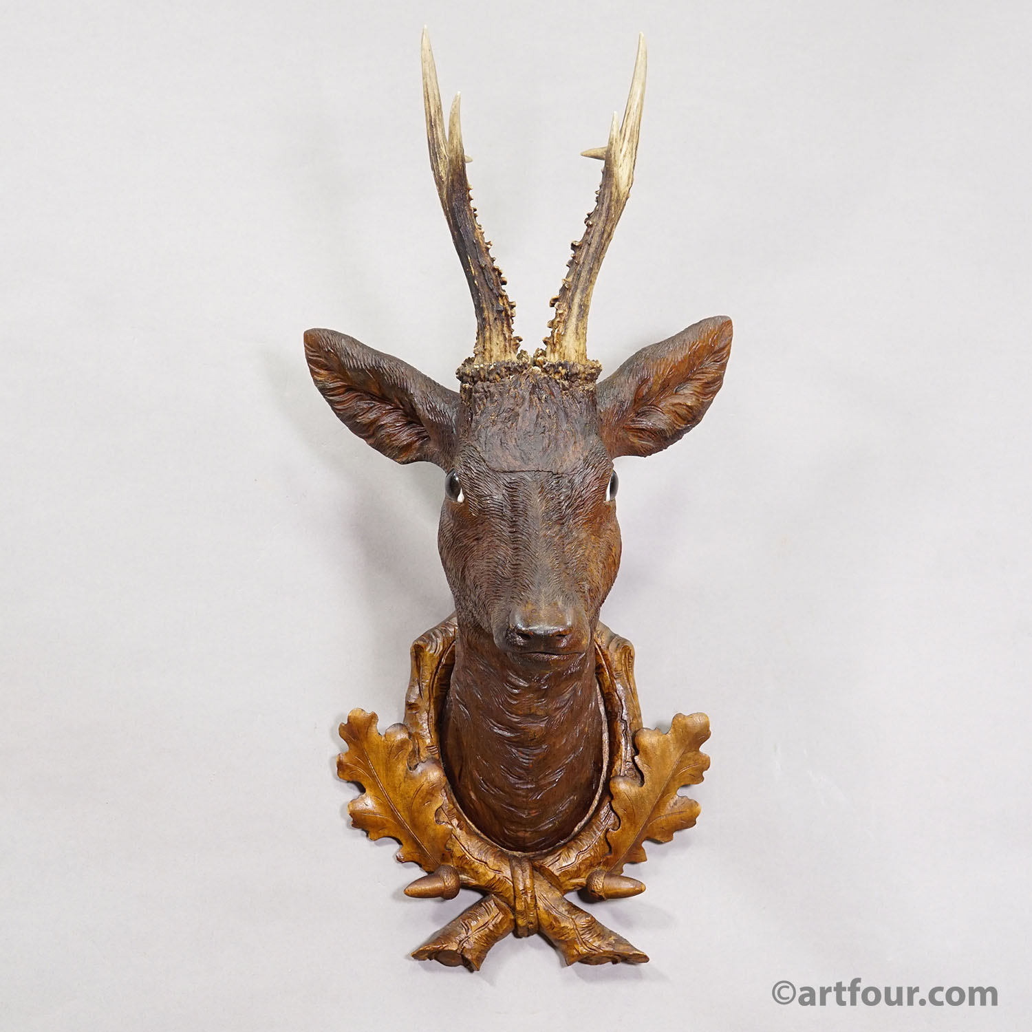 Large Naturalistic Black Forest Carved Deer Trophy, ca. 1920s