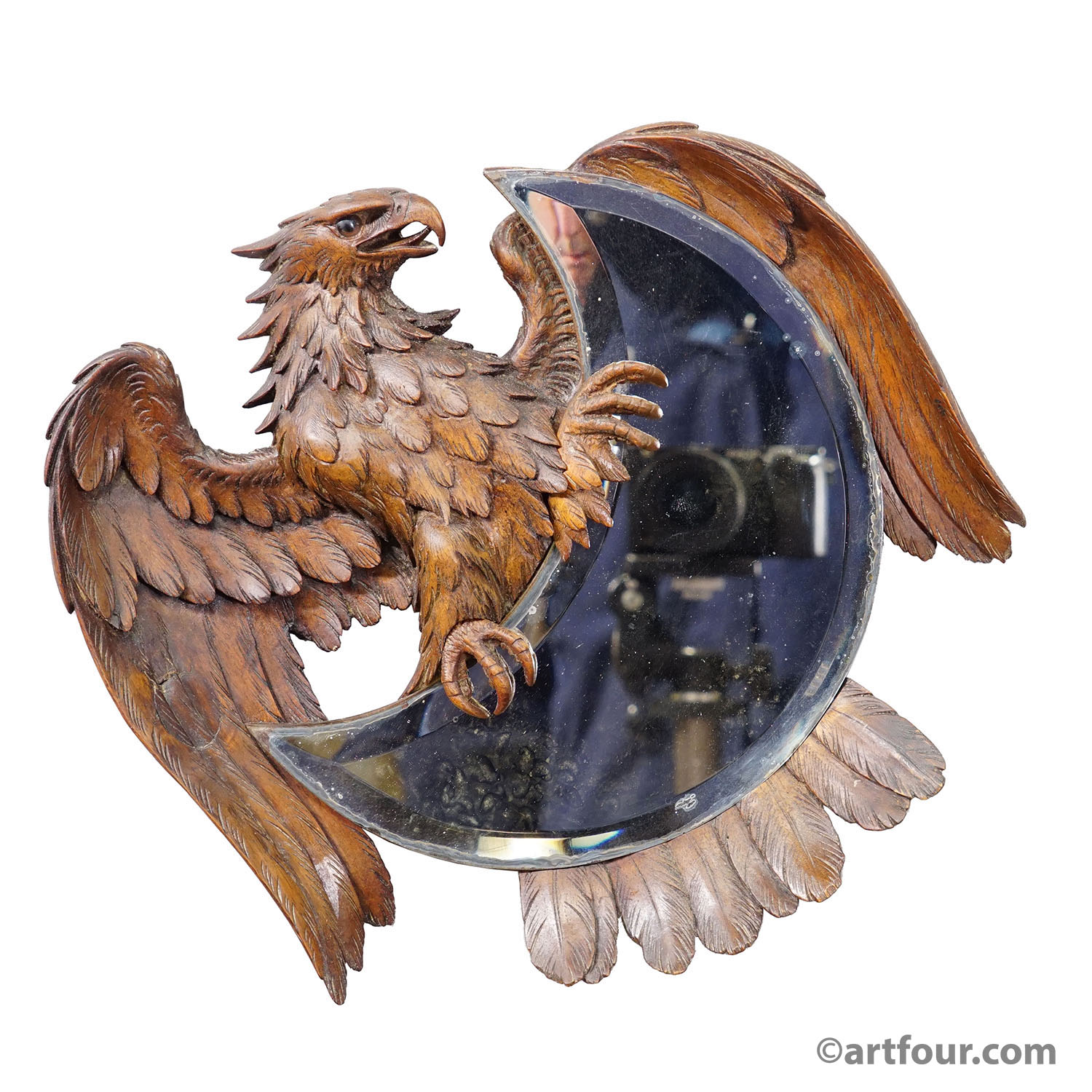Antique Hand-Carved Wooden Eagle Mirror with Crescent Glass