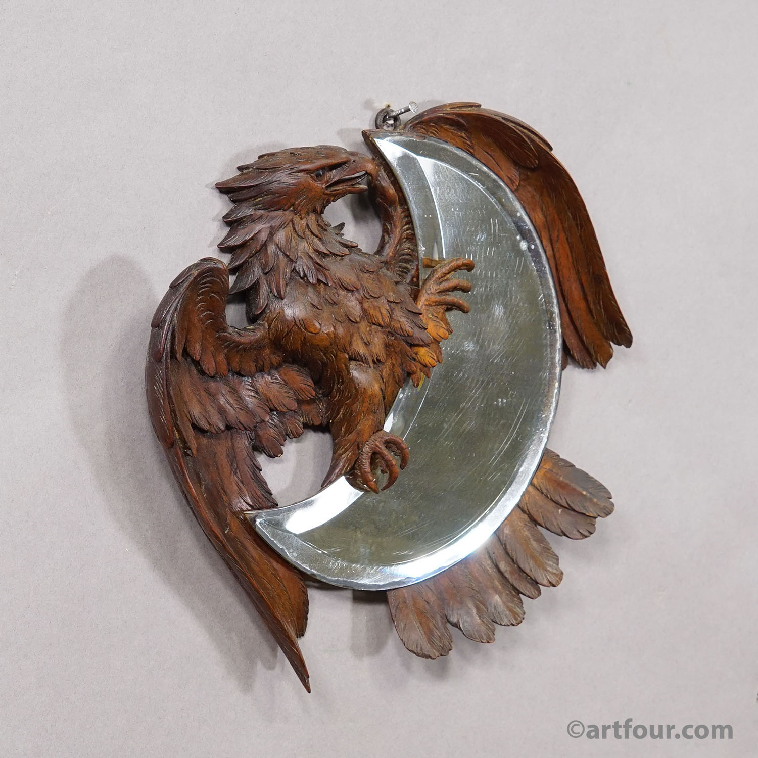Antique Hand-Carved Wooden Eagle Mirror with Crescent Glass