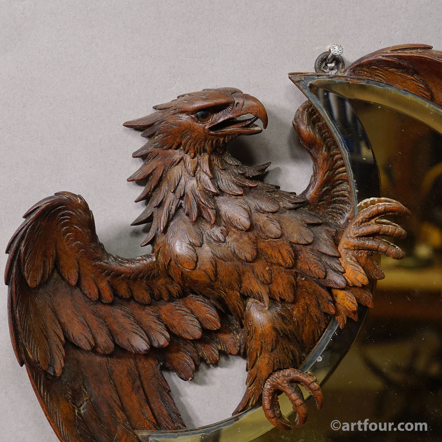 Antique Hand-Carved Wooden Eagle Mirror with Crescent Glass