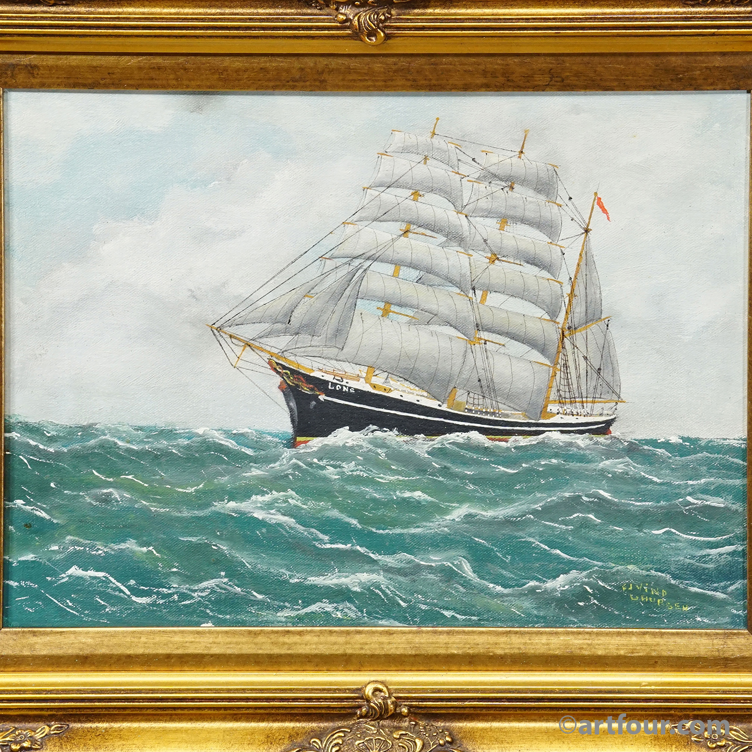 Vintage Marine Oil Painting - The Marstal Schooner 'Lone' by Ejvind Laursen, 1950s
