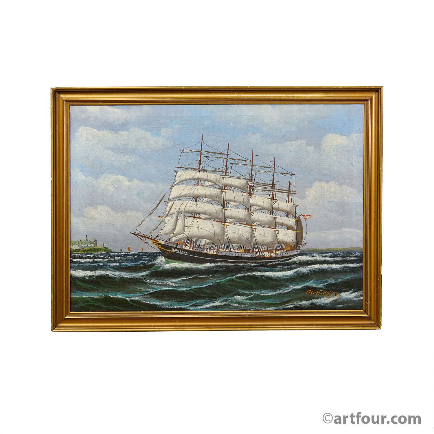 Marine Oil Painting - Five-Masted Barque off Kronborg Kristian Hansen, 1950s