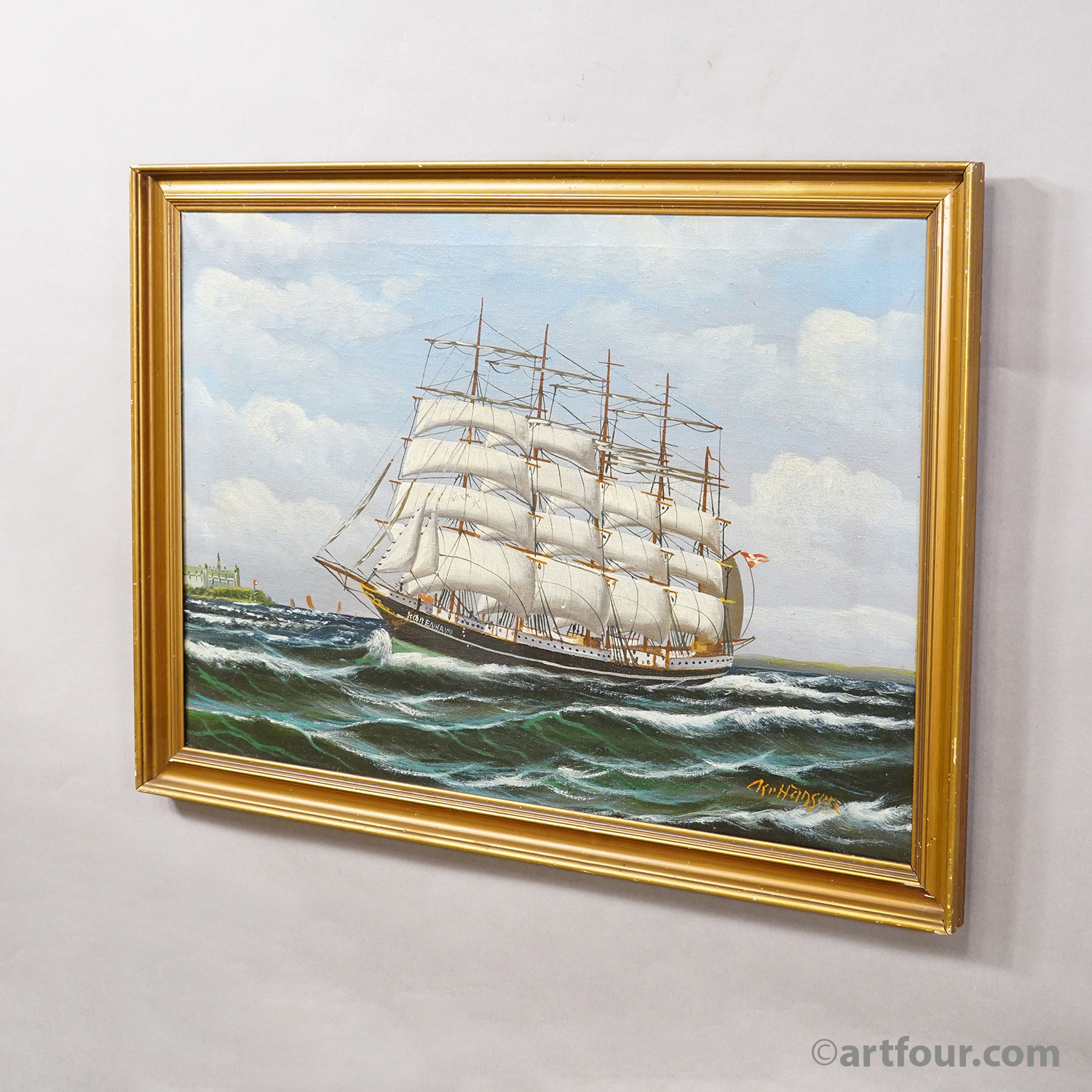 Marine Oil Painting - Five-Masted Barque off Kronborg Kristian Hansen, 1950s