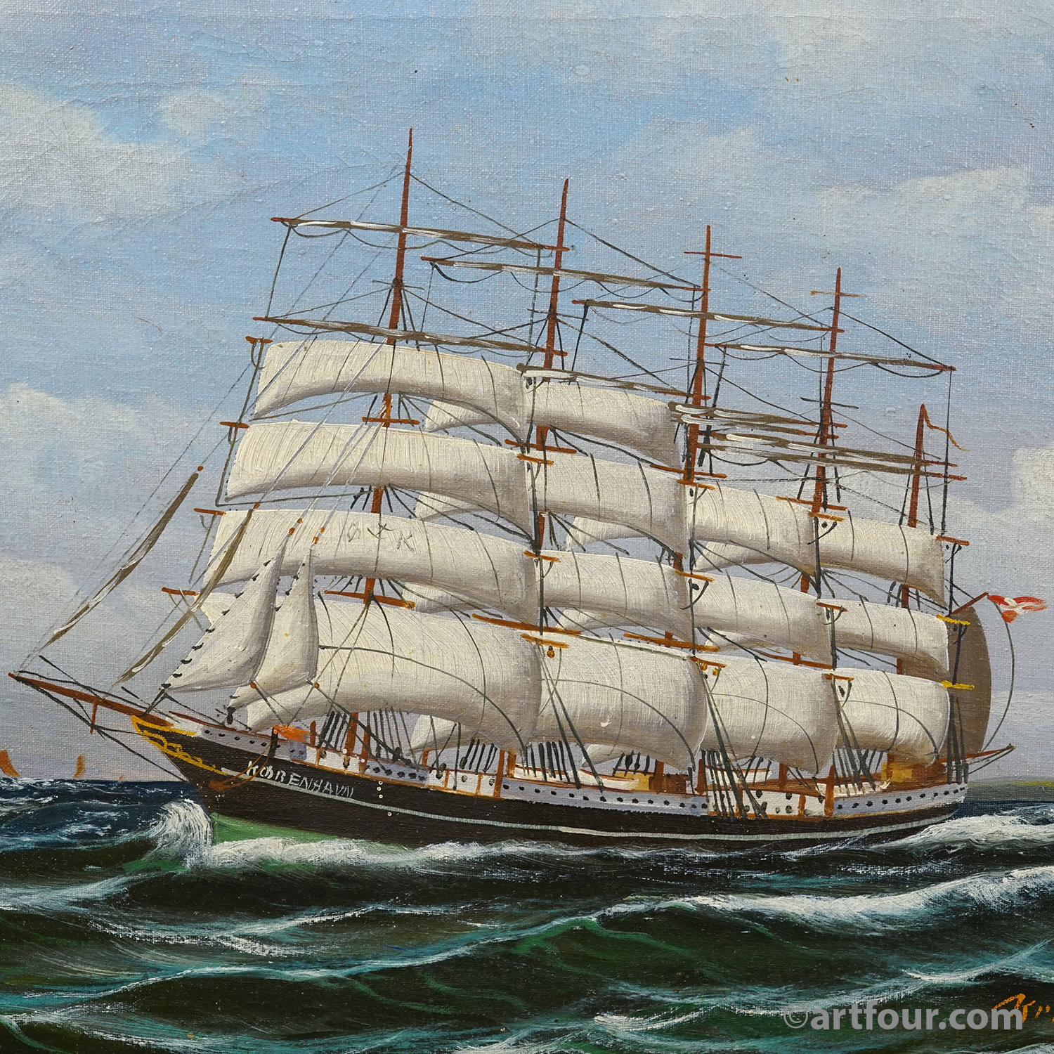 Marine Oil Painting - Five-Masted Barque off Kronborg Kristian Hansen, 1950s