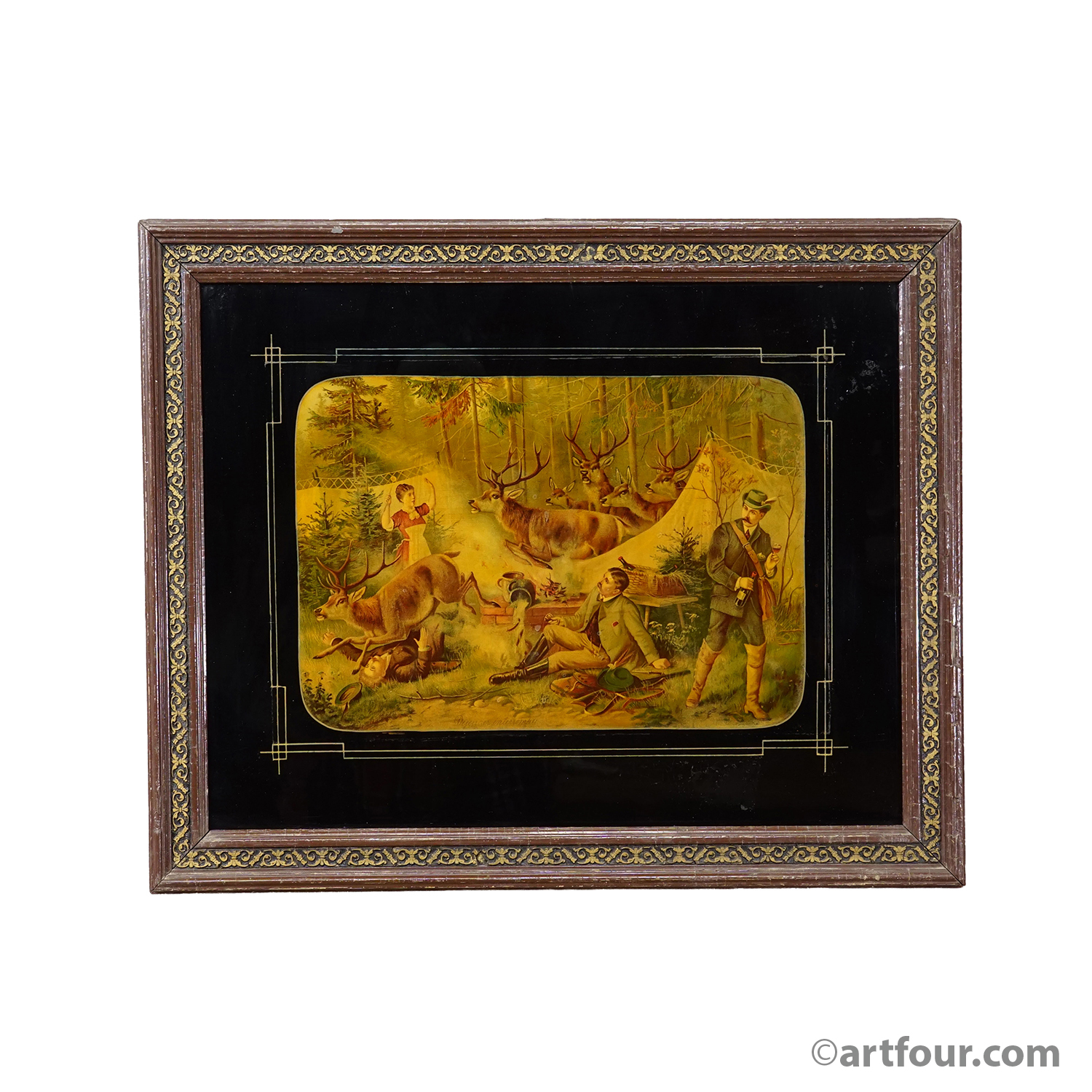 Antique Oil Print with Hunting Party Overrun by Deer 19th