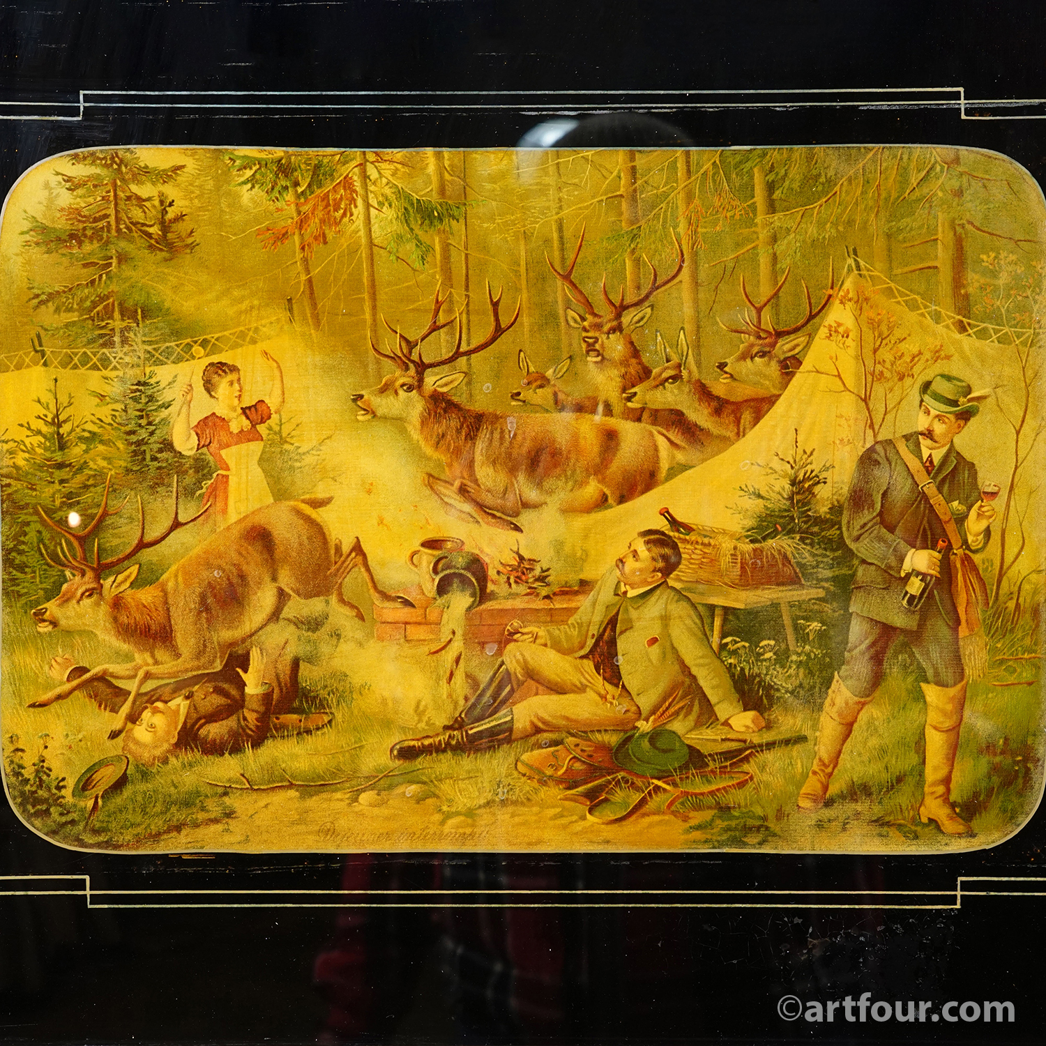 Antique Oil Print with Hunting Party Overrun by Deer 19th
