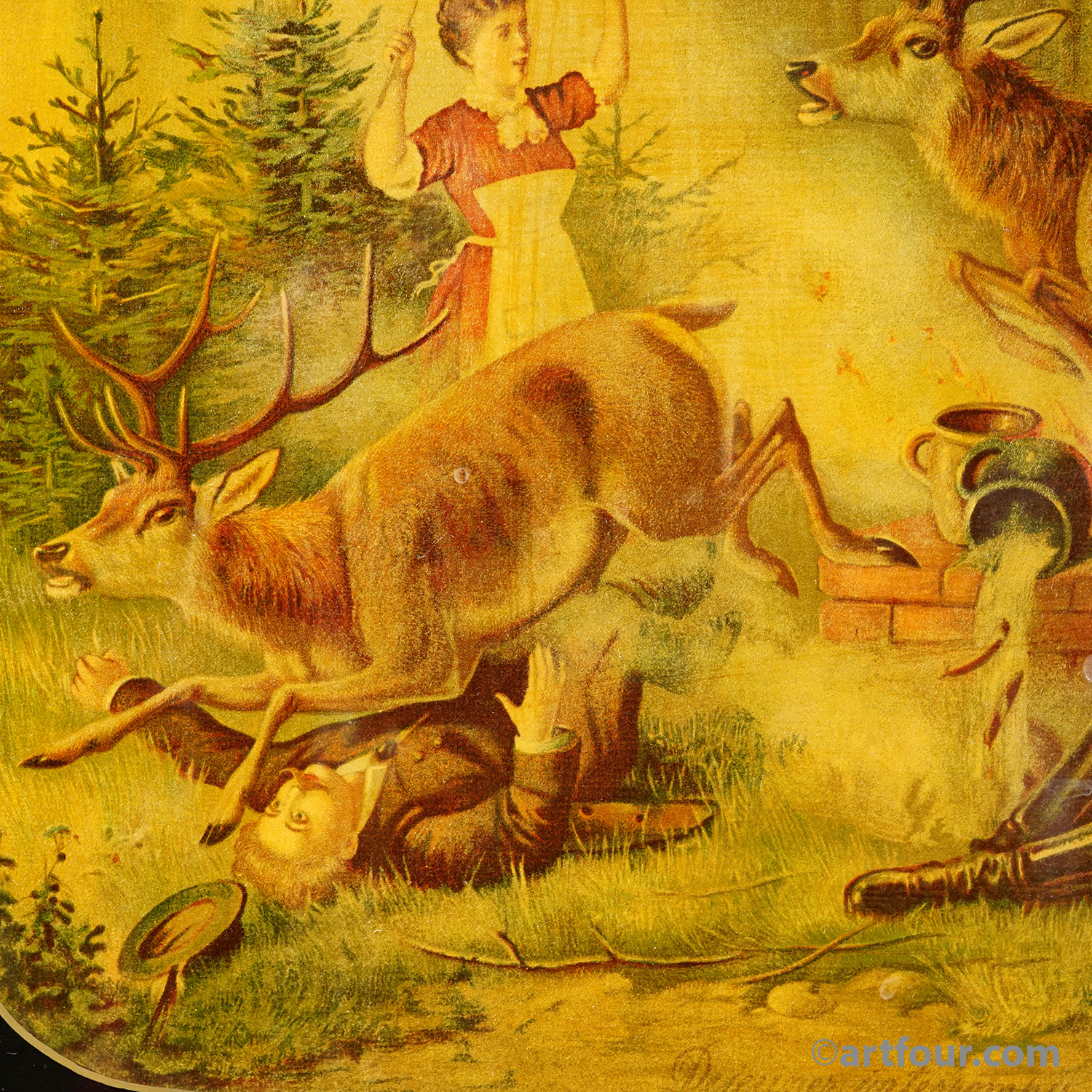 Antique Oil Print with Hunting Party Overrun by Deer 19th