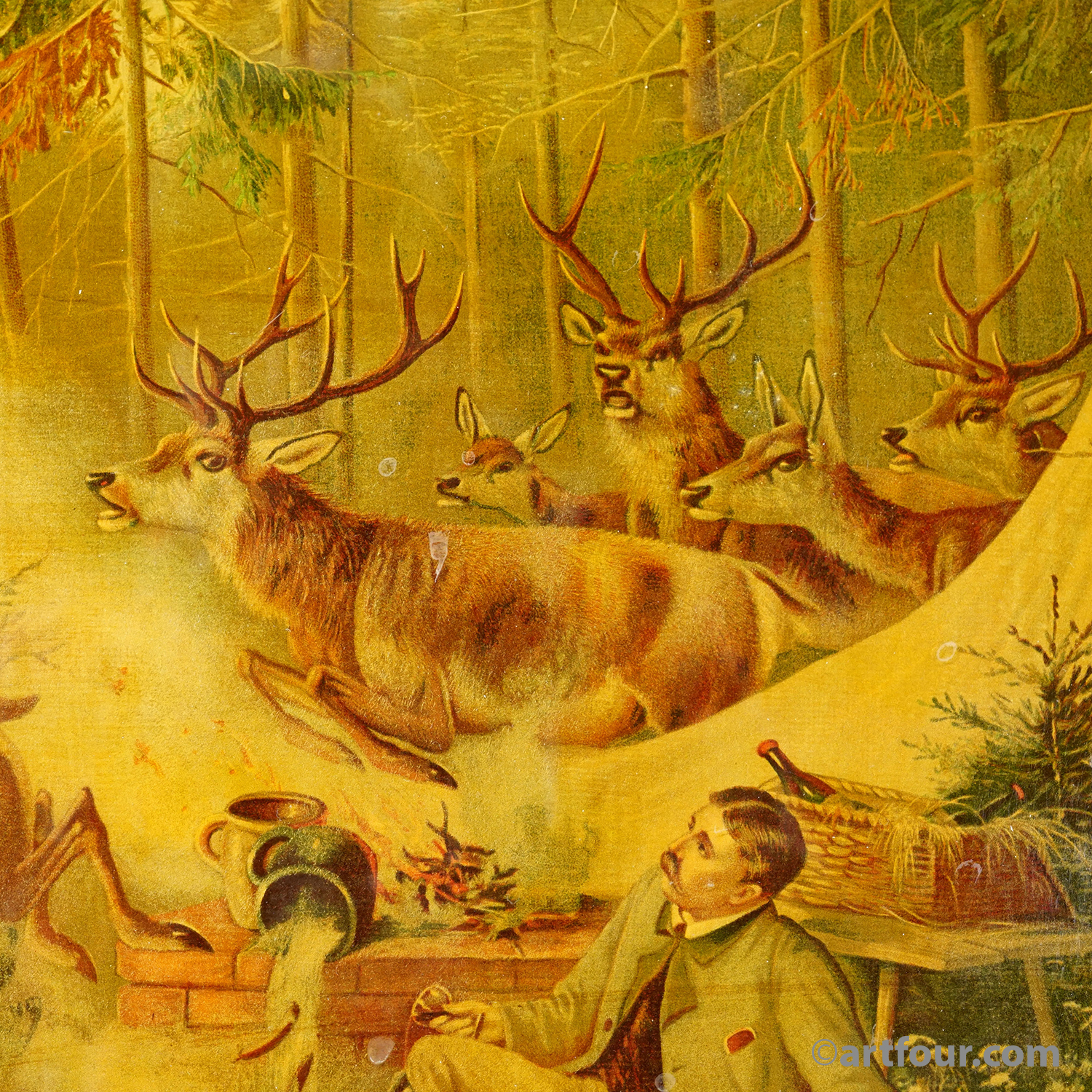 Antique Oil Print with Hunting Party Overrun by Deer 19th