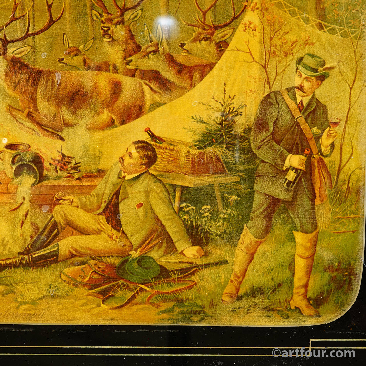 Antique Oil Print with Hunting Party Overrun by Deer 19th