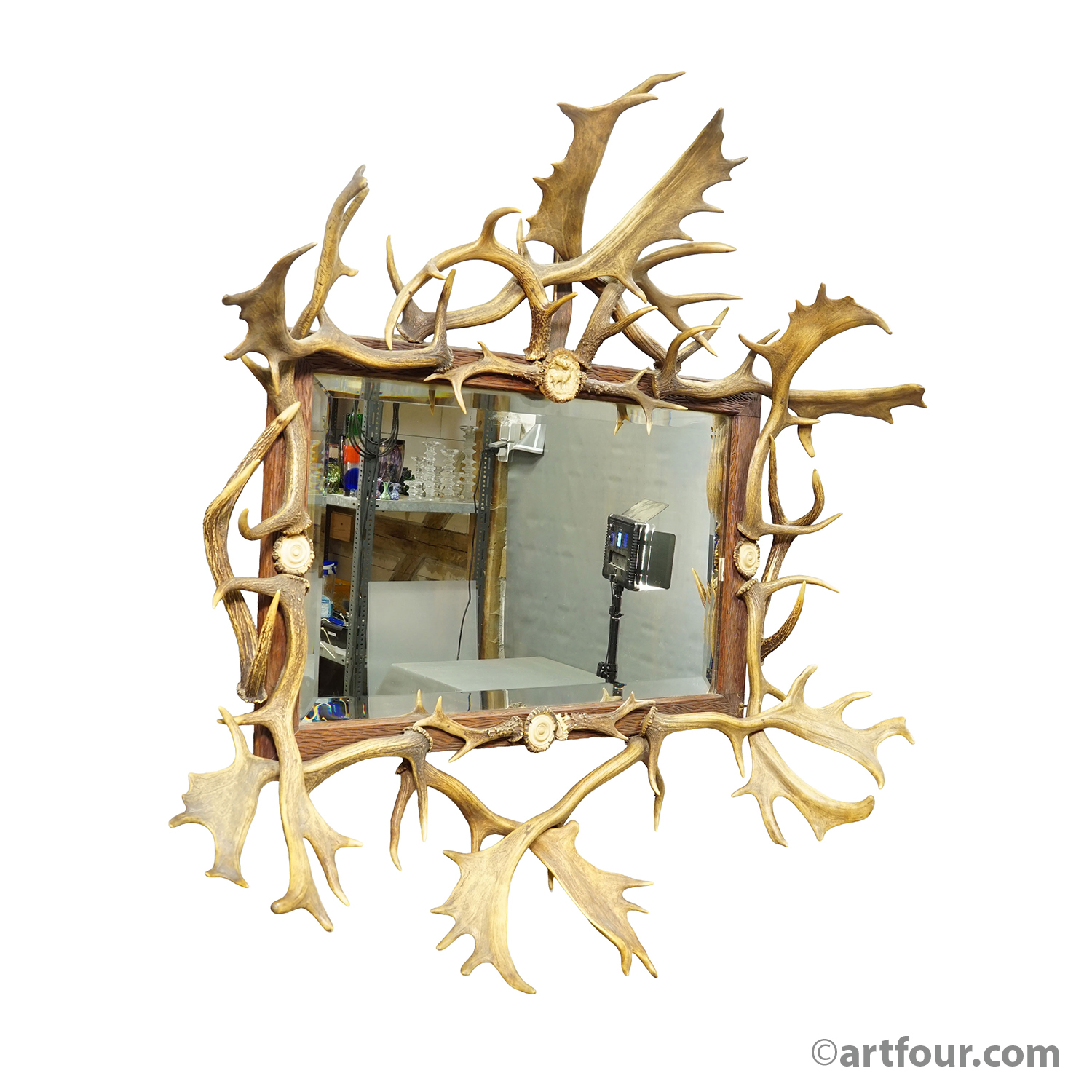 Antique Black Forest Mirror with Antler Arrangement ca. 1920s