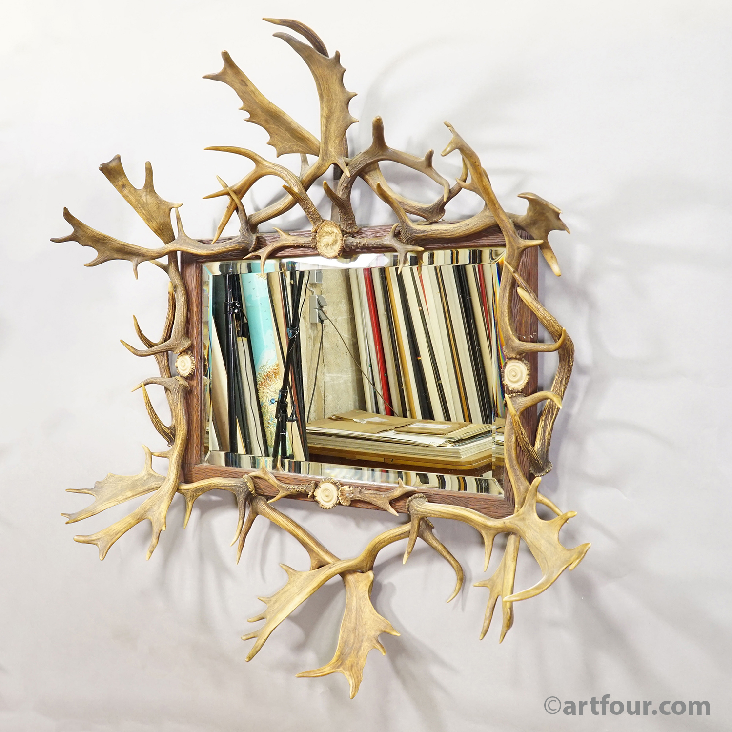 Antique Black Forest Mirror with Antler Arrangement ca. 1920s