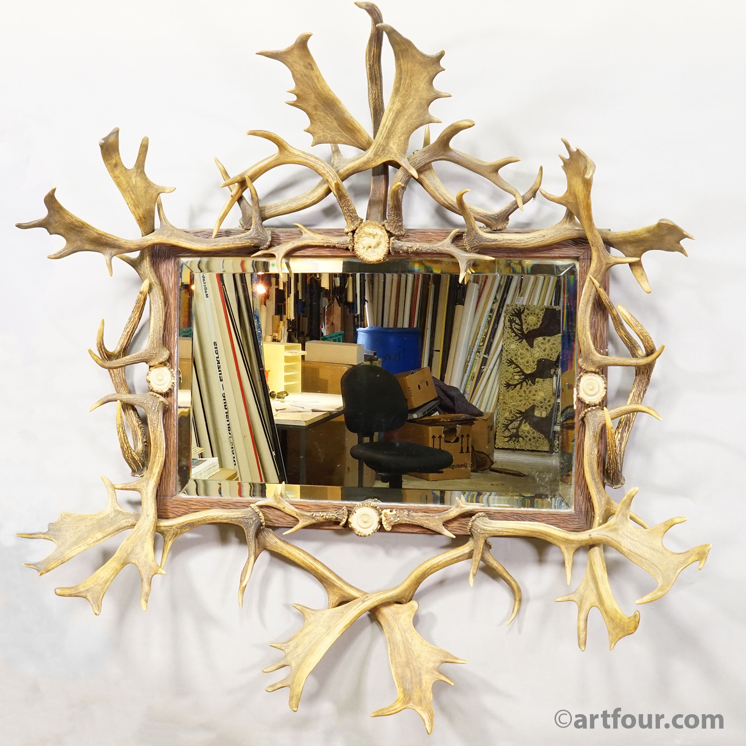 Antique Black Forest Mirror with Antler Arrangement ca. 1920s