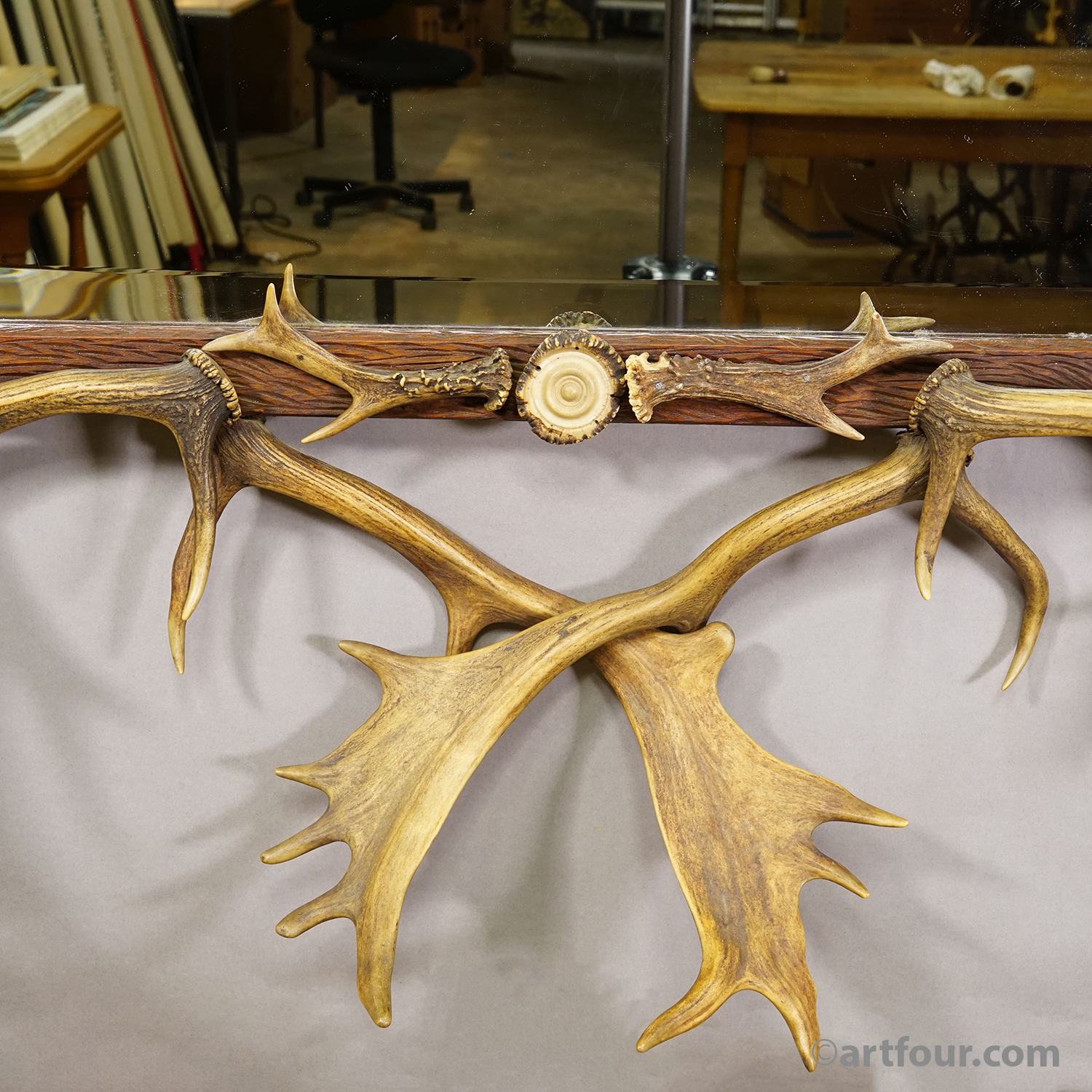 Antique Black Forest Mirror with Antler Arrangement ca. 1920s