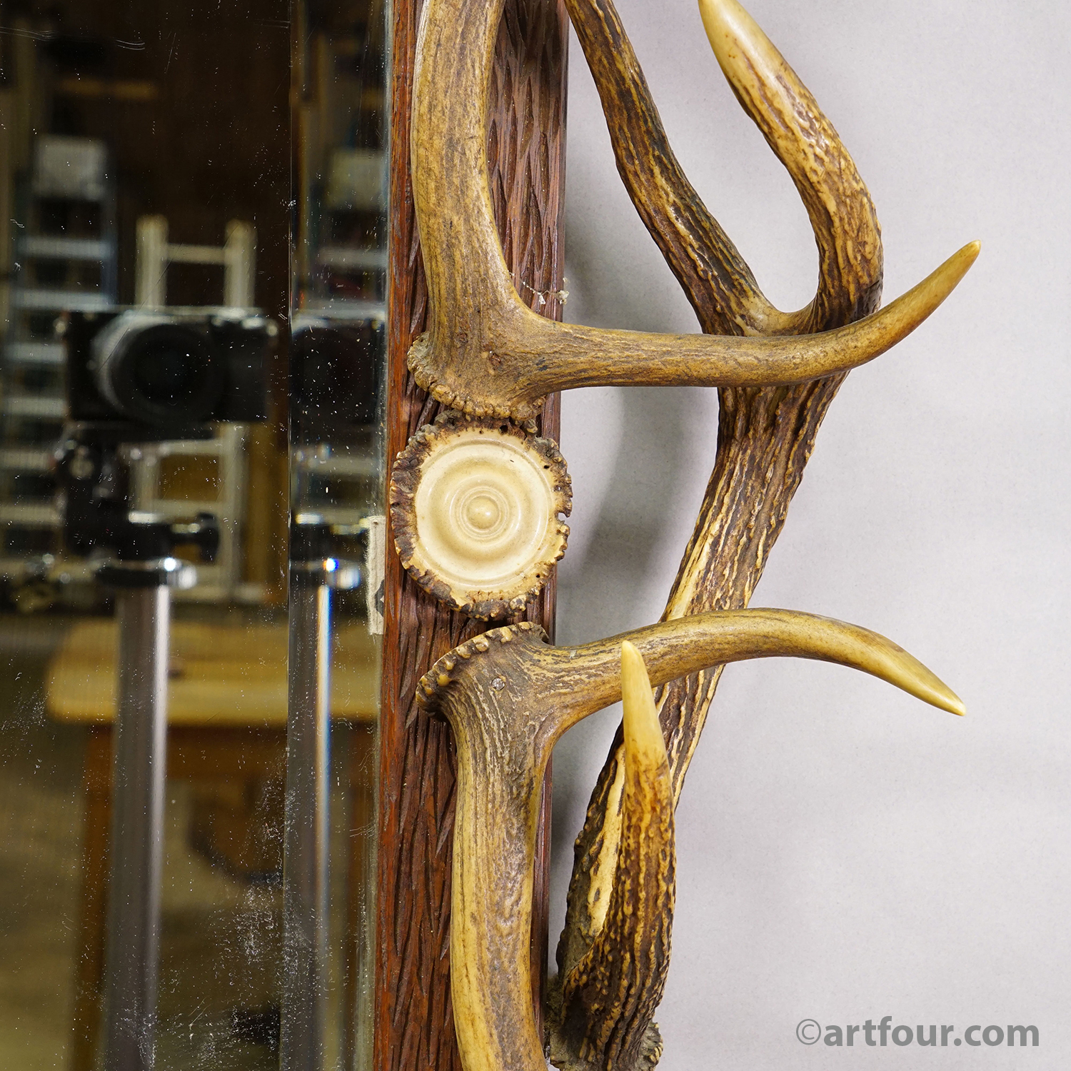 Antique Black Forest Mirror with Antler Arrangement ca. 1920s
