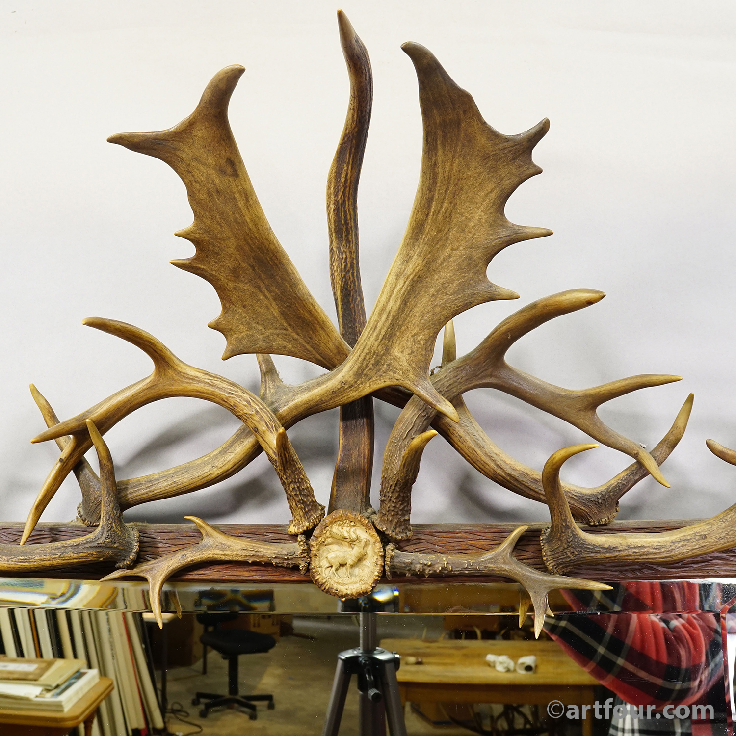 Antique Black Forest Mirror with Antler Arrangement ca. 1920s